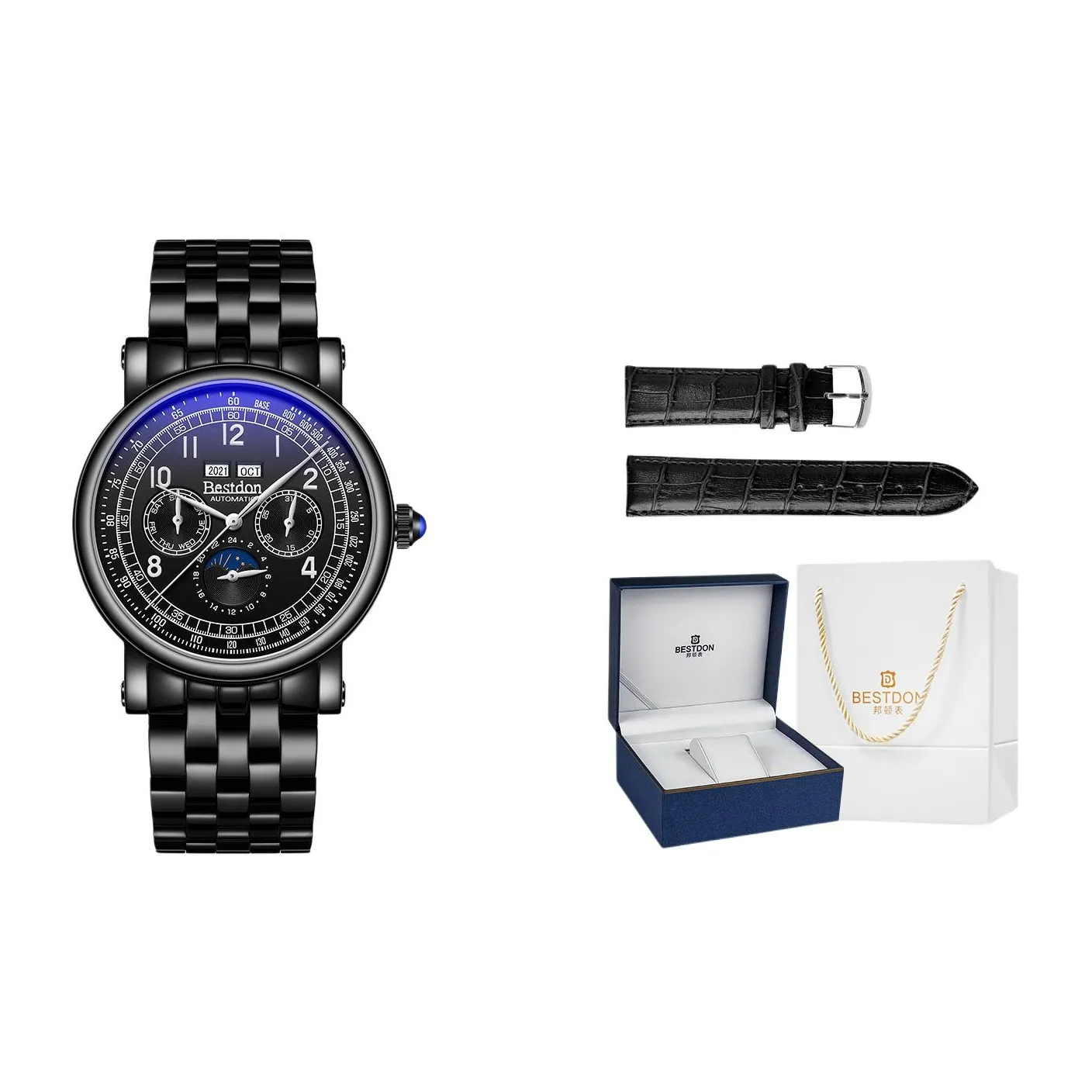 Bestdon Автоматический Механический Механизм Нержавеющая Сталь Ремешок Мужские Часы Черный Циферблат