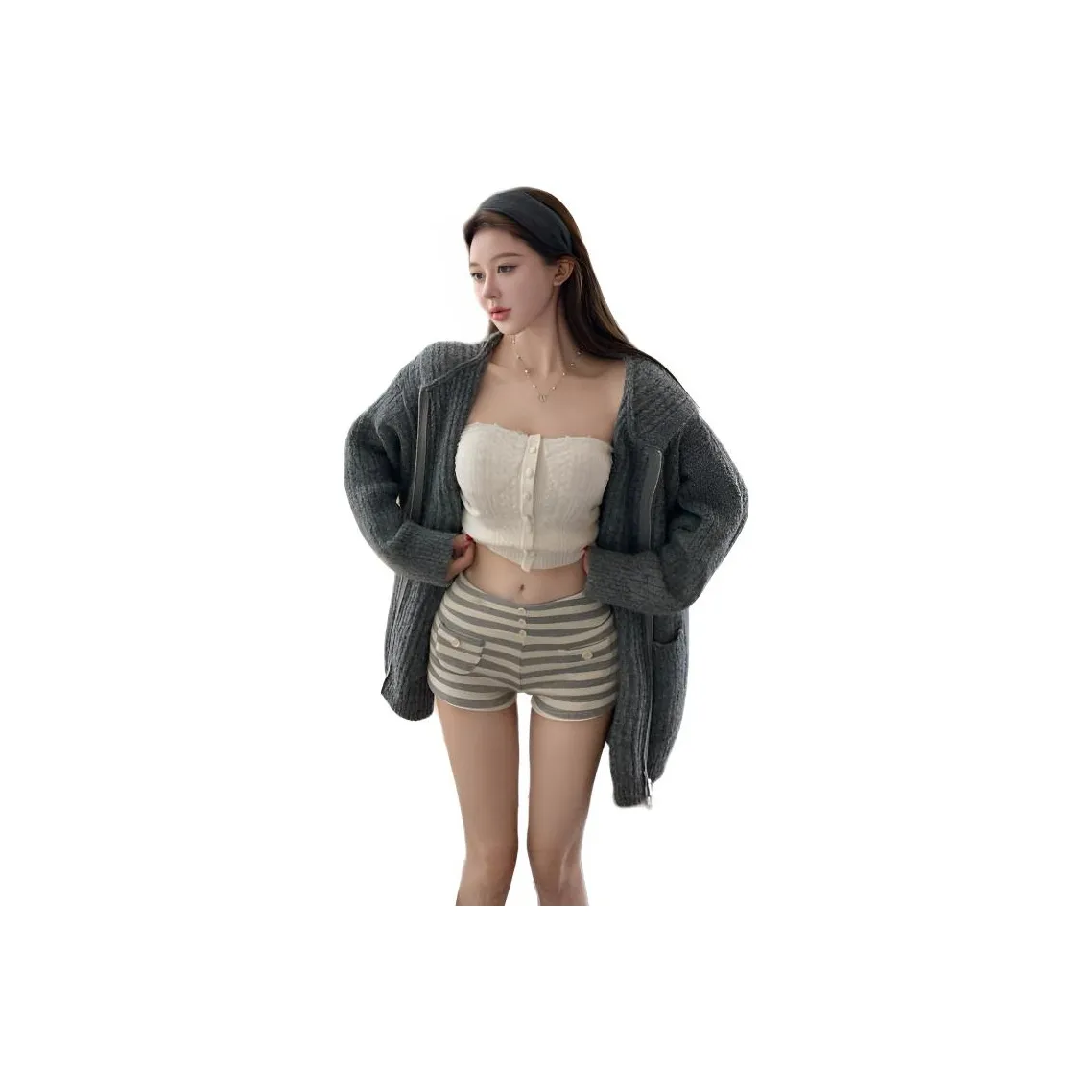 OURUOKE Серый кардиган + Белый топ без бретелек + Полосатые шорты Женские повседневные костюмы