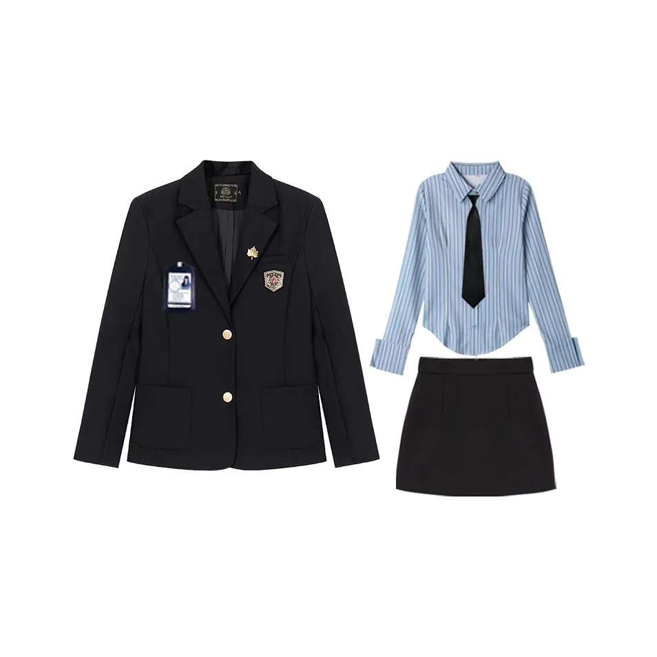 Sato Supun Черный Hagiwara High Бизнес Костюм + Синие Полосы Рубашка + Юбка-бодикон + Черный Галстук + Вертикальный Грудной Протез Женская Униформа