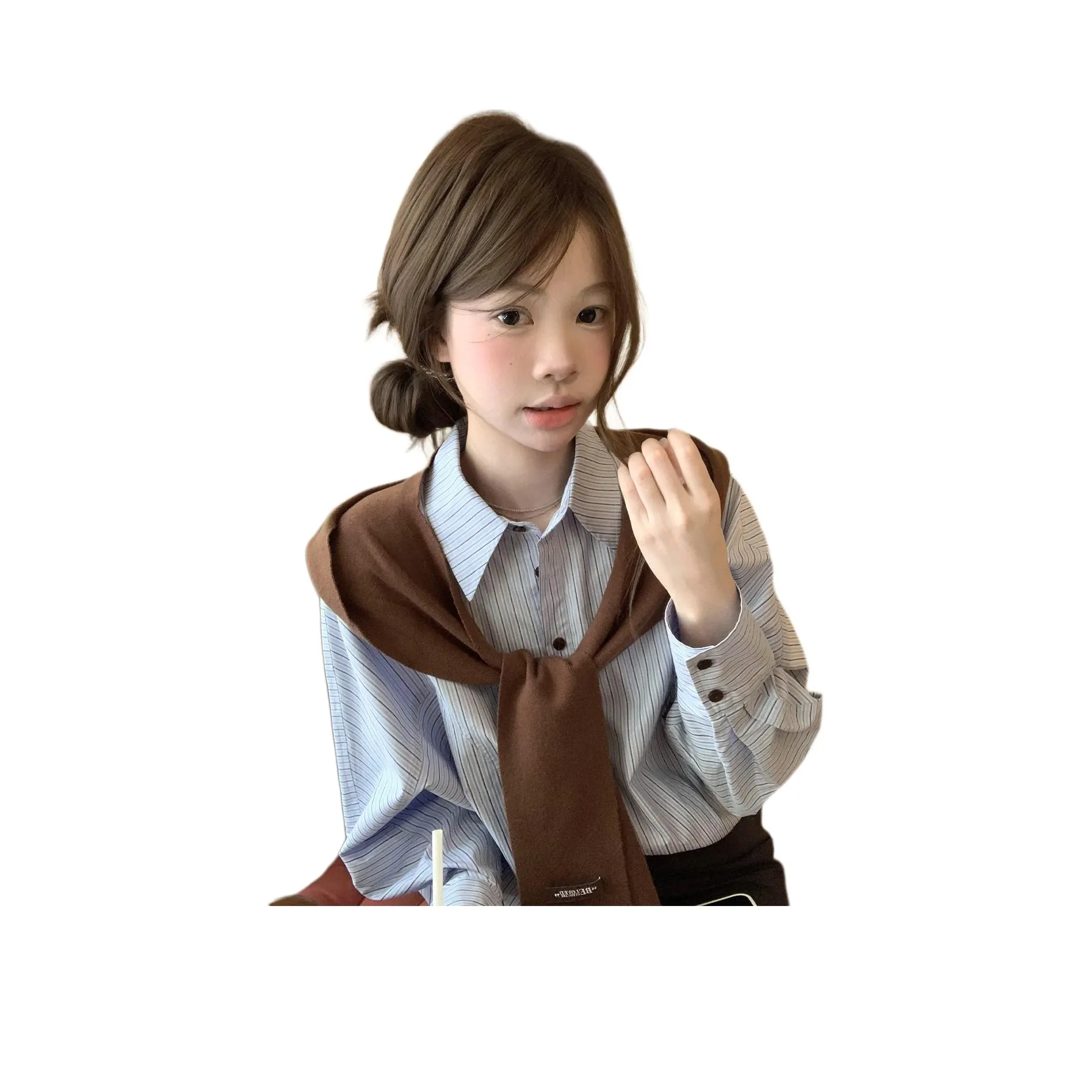 LADYXIEXIE [Синие полосы] Нет Шаль Включено Женские Рубашки