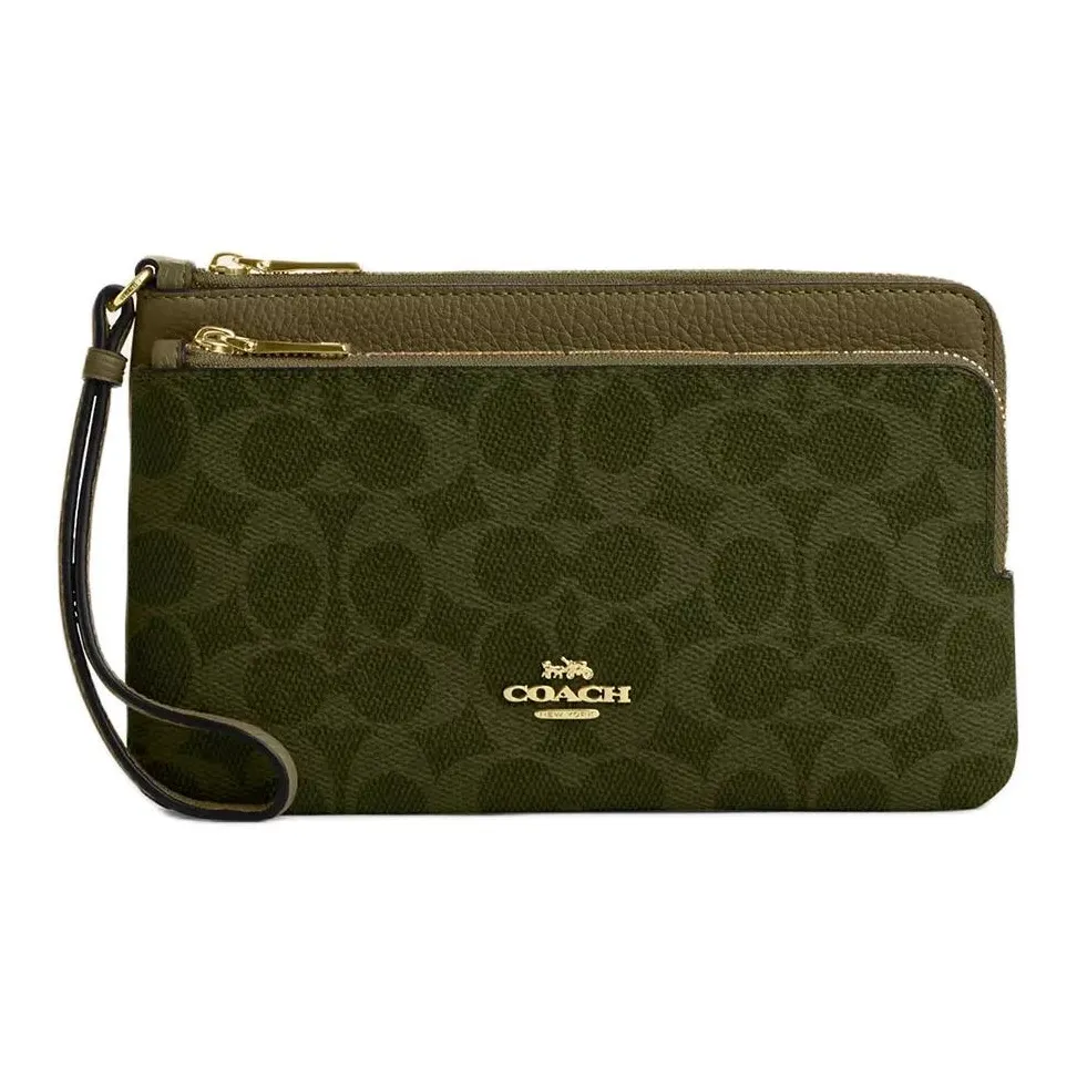 COACH Double Zip Wallet Покрытый холст с кожаными вставками Клатч Кошелек Женские Оливково-зеленый