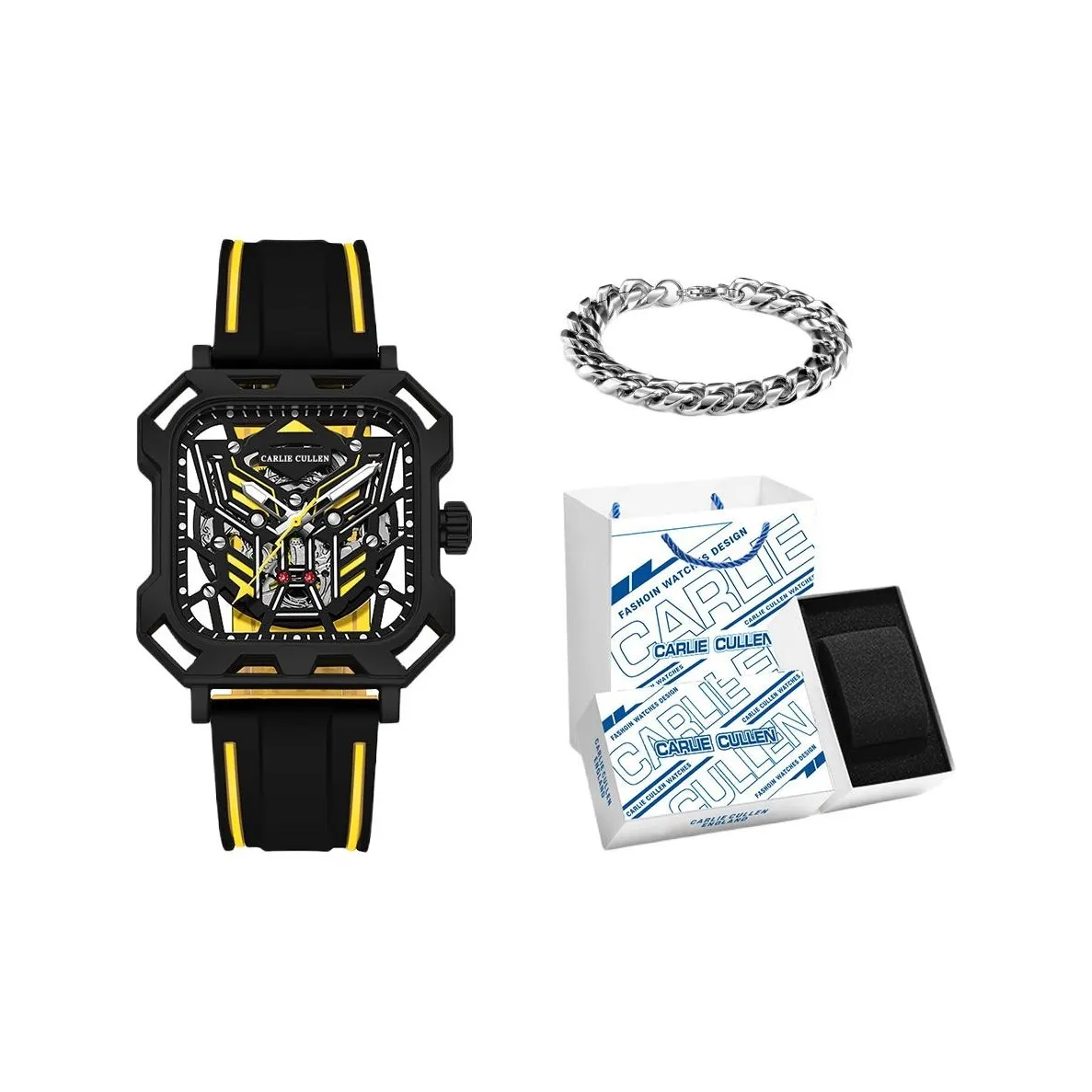 CARLIECULLEN Автоматический Механический Механизм Резиновый Ремешок Часы Мужские Черный Циферблат