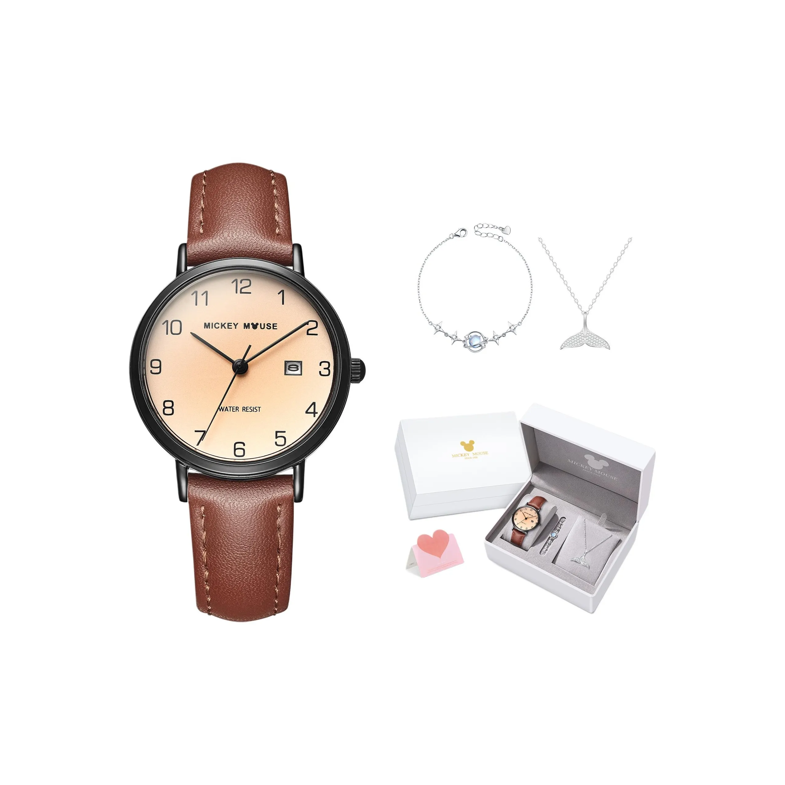 Disney Mickey Series Кварцевый механизм Кожаный ремешок Часы Женские часы Циферблат часов Кофе