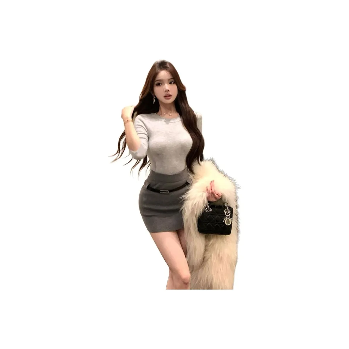 OURUOKE Светло-серый топ из трикотажной ткани + темно-серая юбка + ремень женские комплекты с юбкой