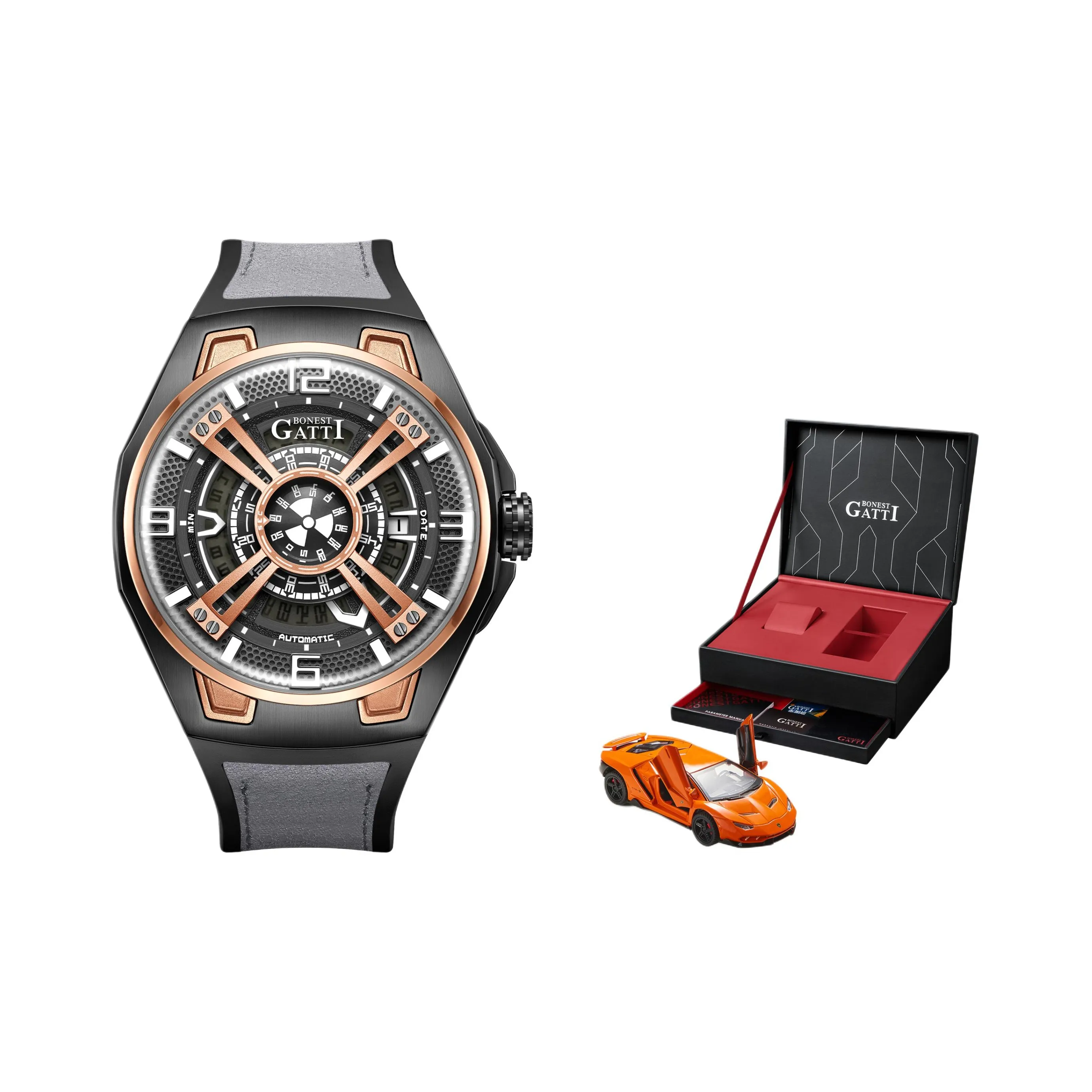 BONEST GATTI Автоматический механический механизм Часы Мужские Черный циферблат