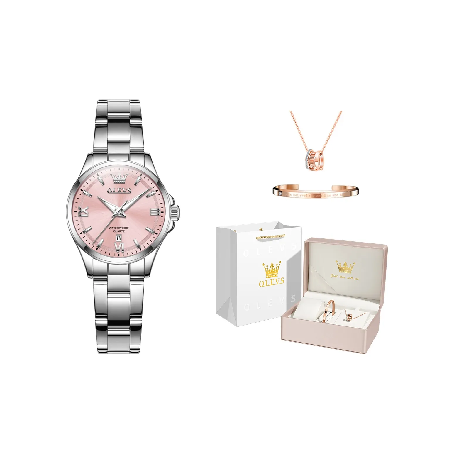 OLEVS Кварцевый механизм нержавеющая сталь ремешок часы женские розовый циферблат