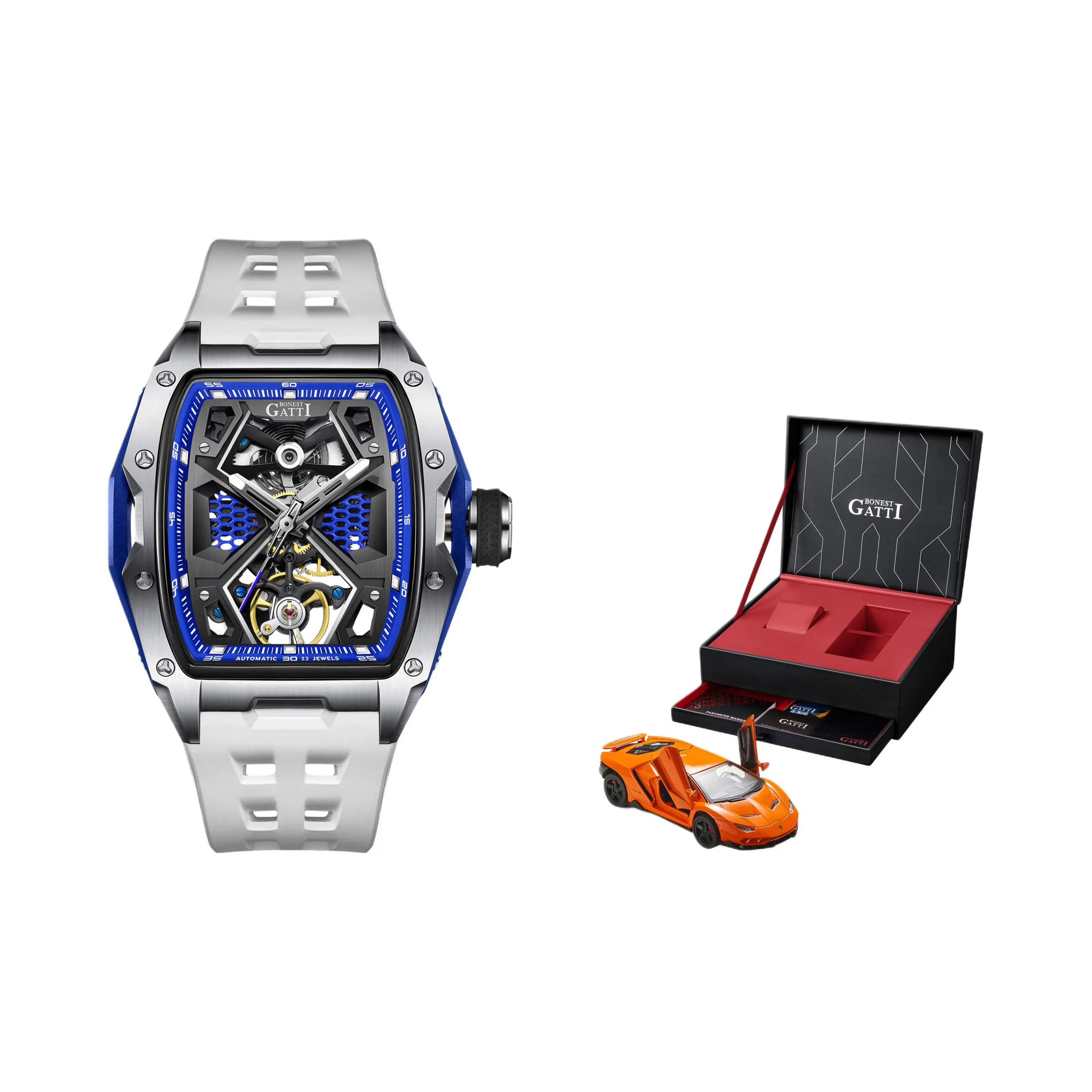 BONEST GATTI King's Speed Collection Автоматический Механический Механизм Резиновый Ремешок Часы Мужские Часы Черепный Циферблат