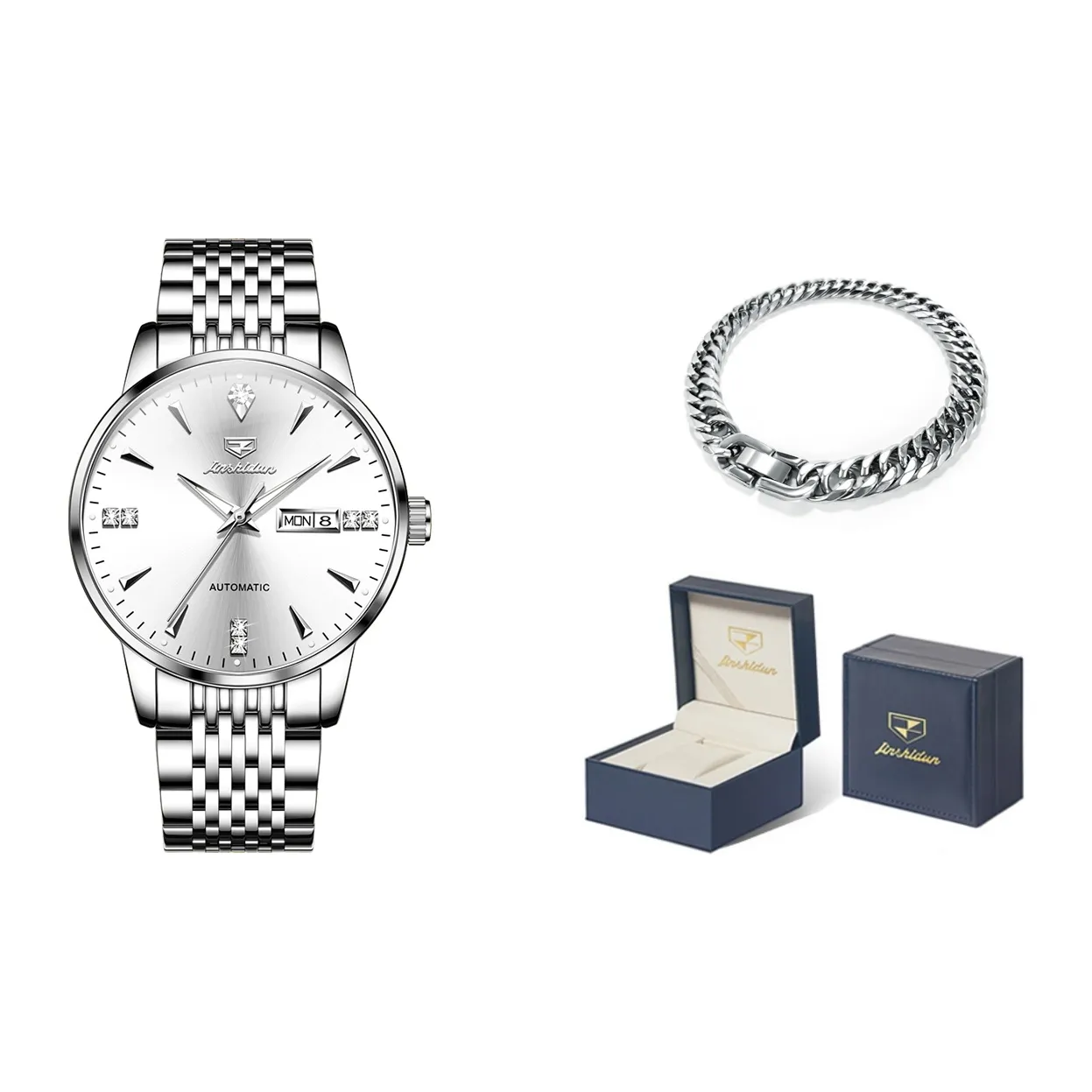 Jin Shi Dun Мужские часы Коробка Механический механизм Нержавеющая сталь Ремешок Часы Мужские Белый циферблат