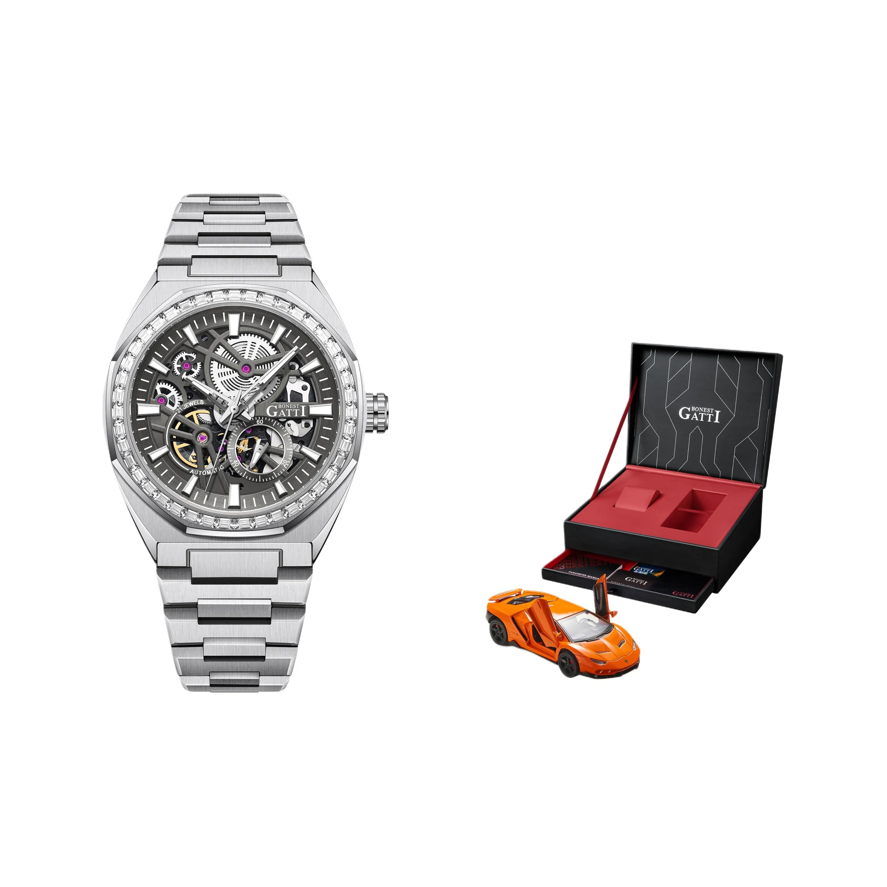 BONEST GATTI King Speed Автоматический Механический Механизм Нержавеющая Сталь Ремешок Мужские Часы Черный Циферблат