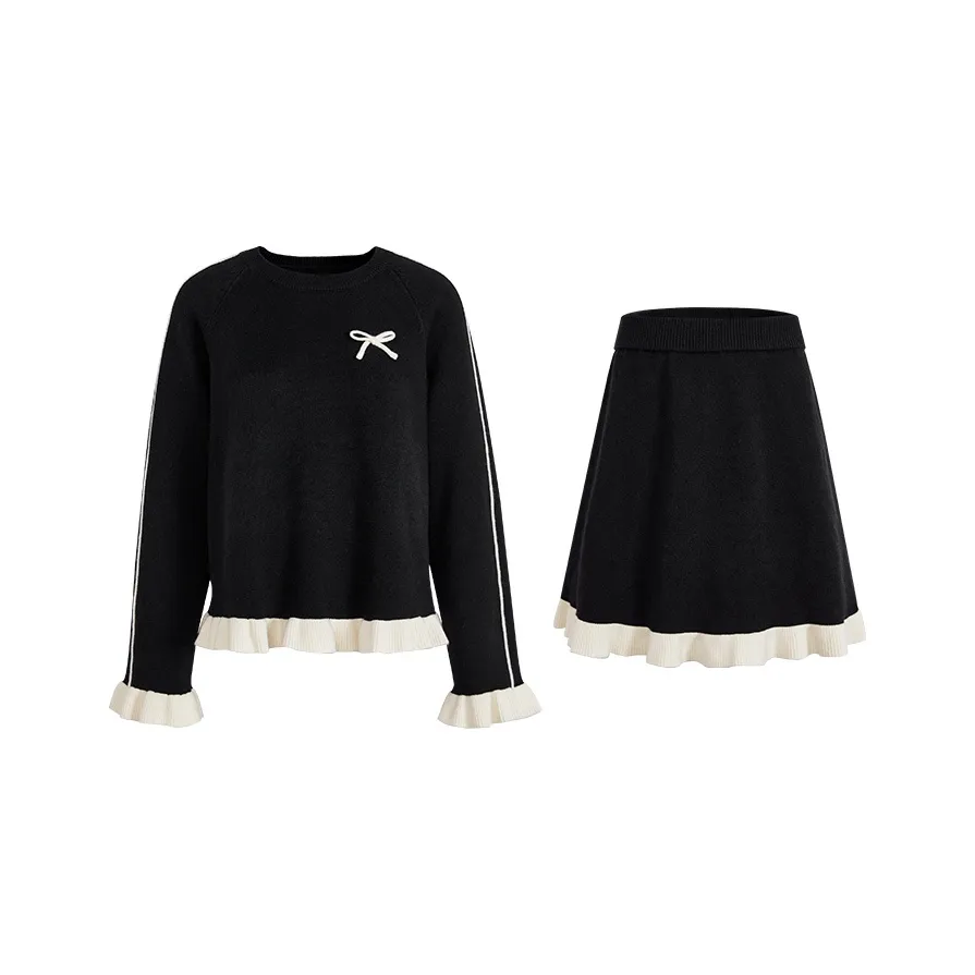 KUOSE Черный Свитер 9014 + Черная Юбка 9001 Женские Повседневные Костюмы