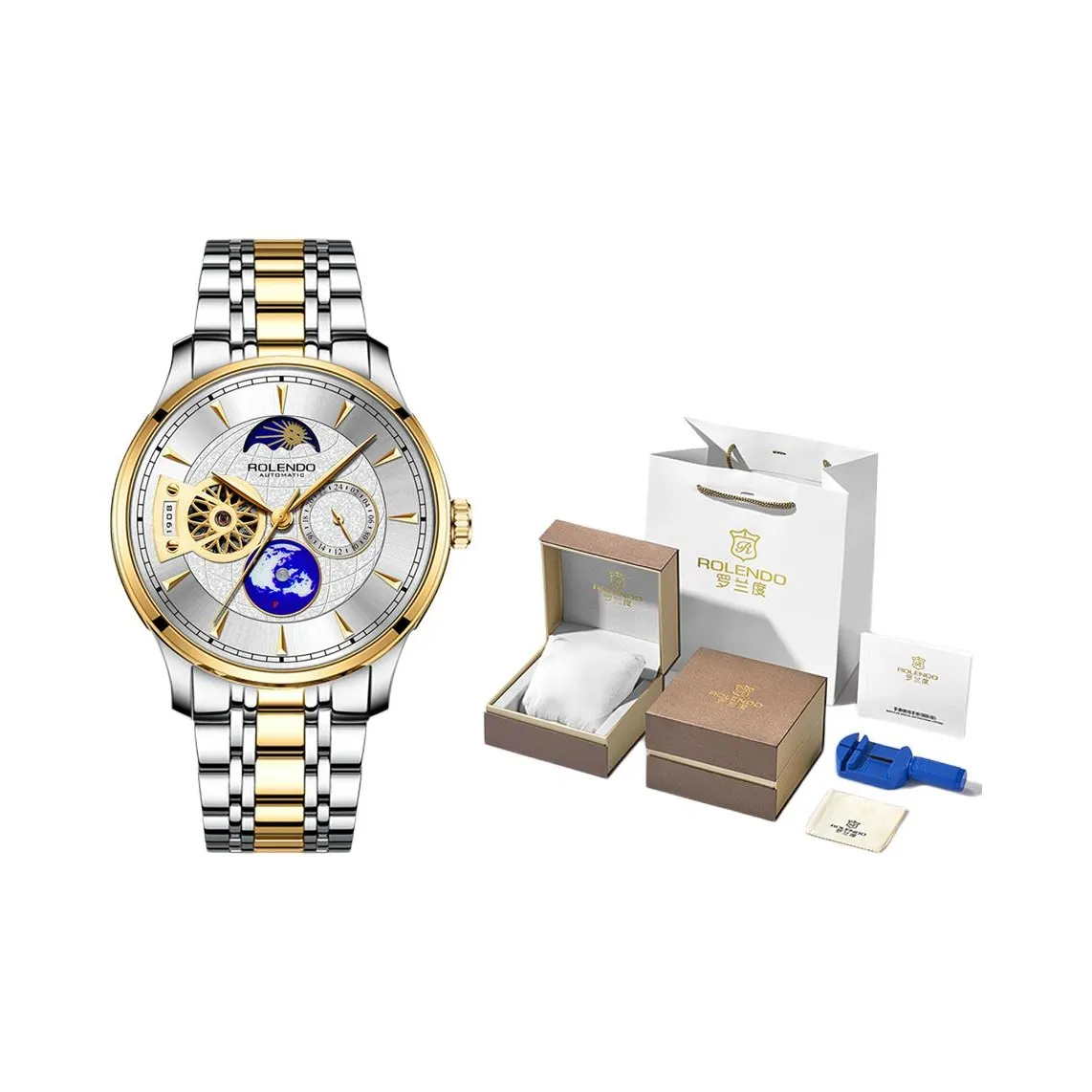 ROLENDO R Глобальный Мужские часы Автоматический механический механизм Натуральная кожа Ремень Часы Мужские часы Золотой циферблат