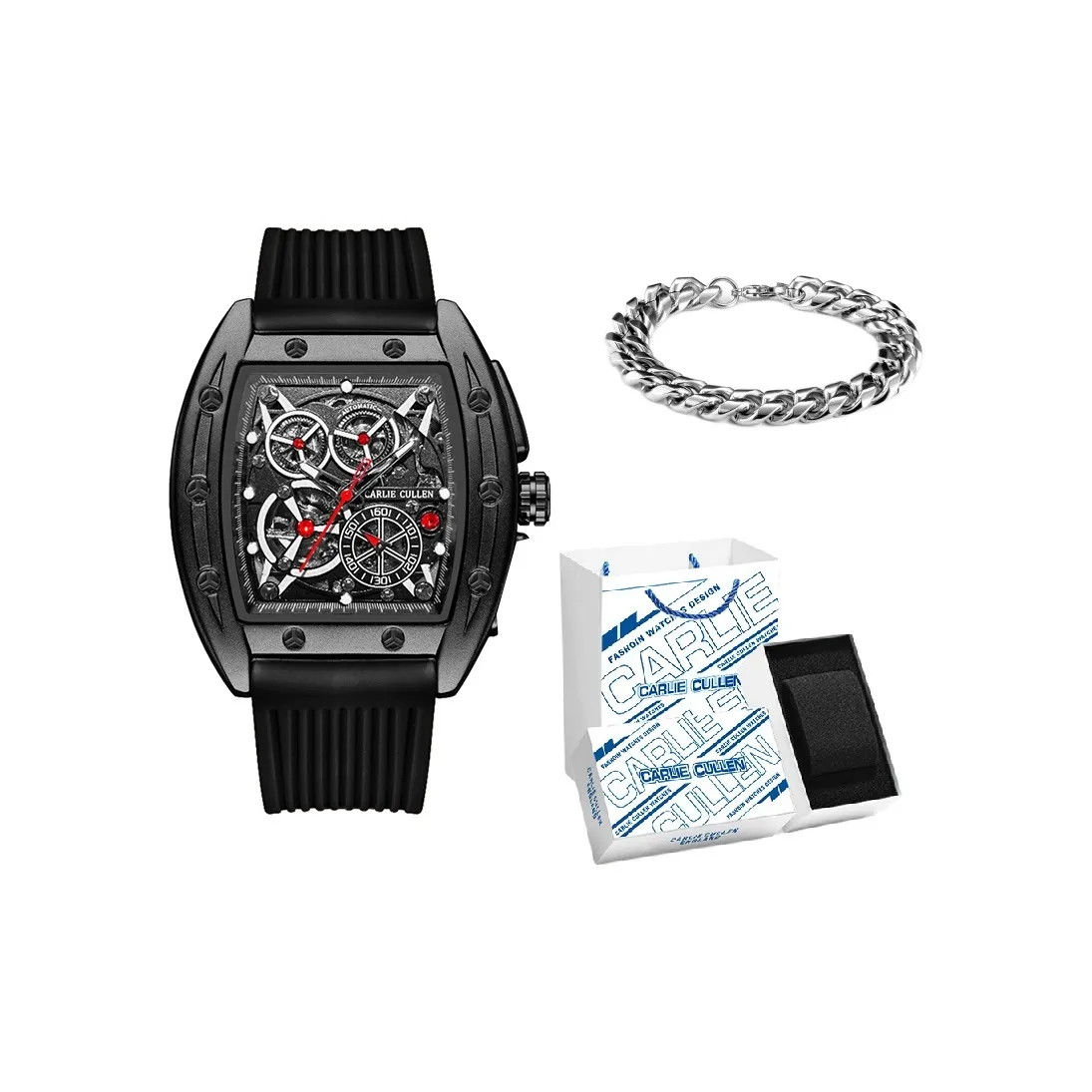 CARLIECULLEN Tourbillon Двойной Sided Cut Out Механический механизм Силиконовый ремешок Часы Мужские Черный циферблат