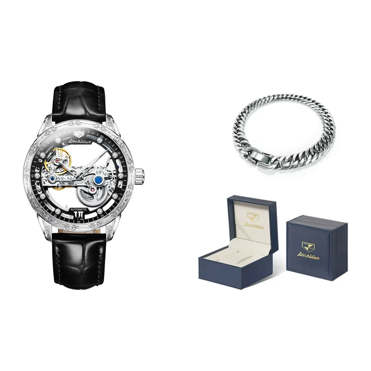 Jin Shi Dun Автоматический механический механизм Часы Мужские Часы с открытым механизмом