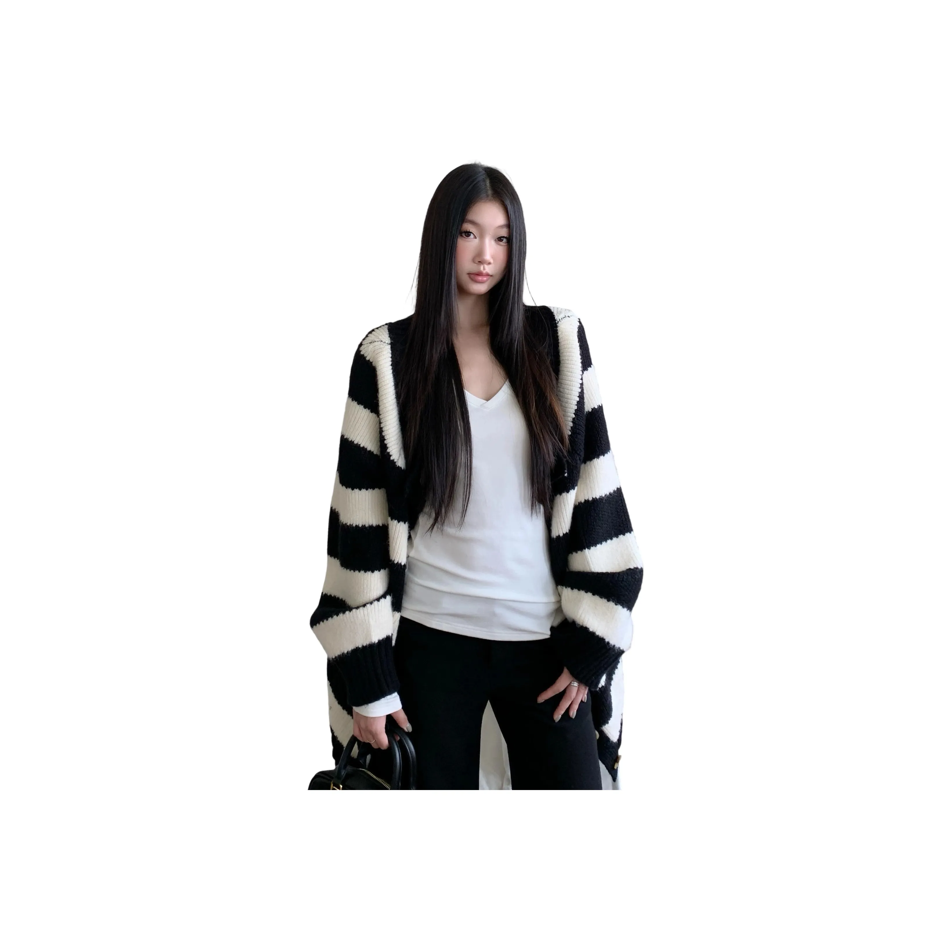 GEZITAI Черный и Белый Полосатый Кардиган Женская Трикотажная