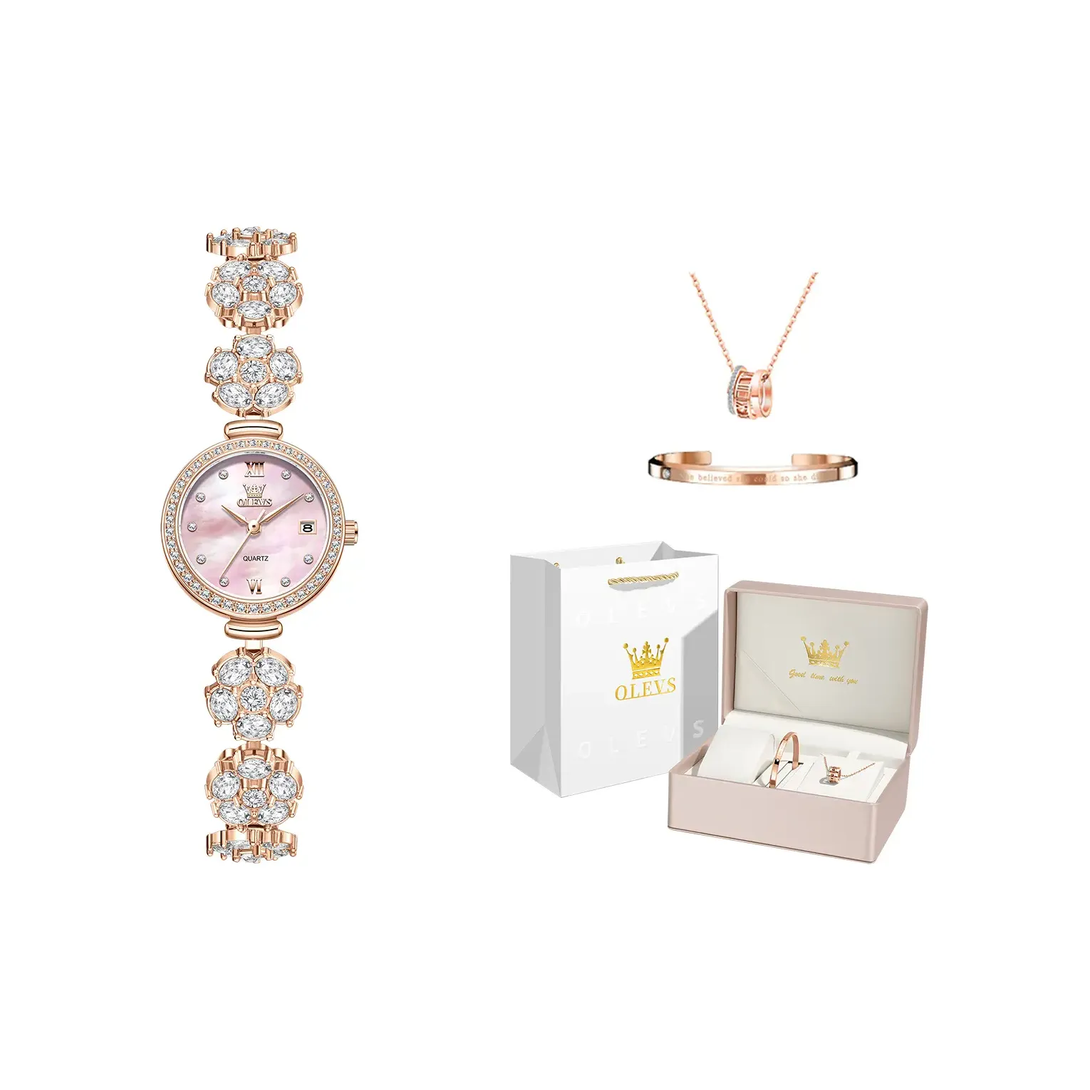 OLEVS Peach Blossom Rotating Collection Кварцевый механизм Часы Женские Розовый циферблат