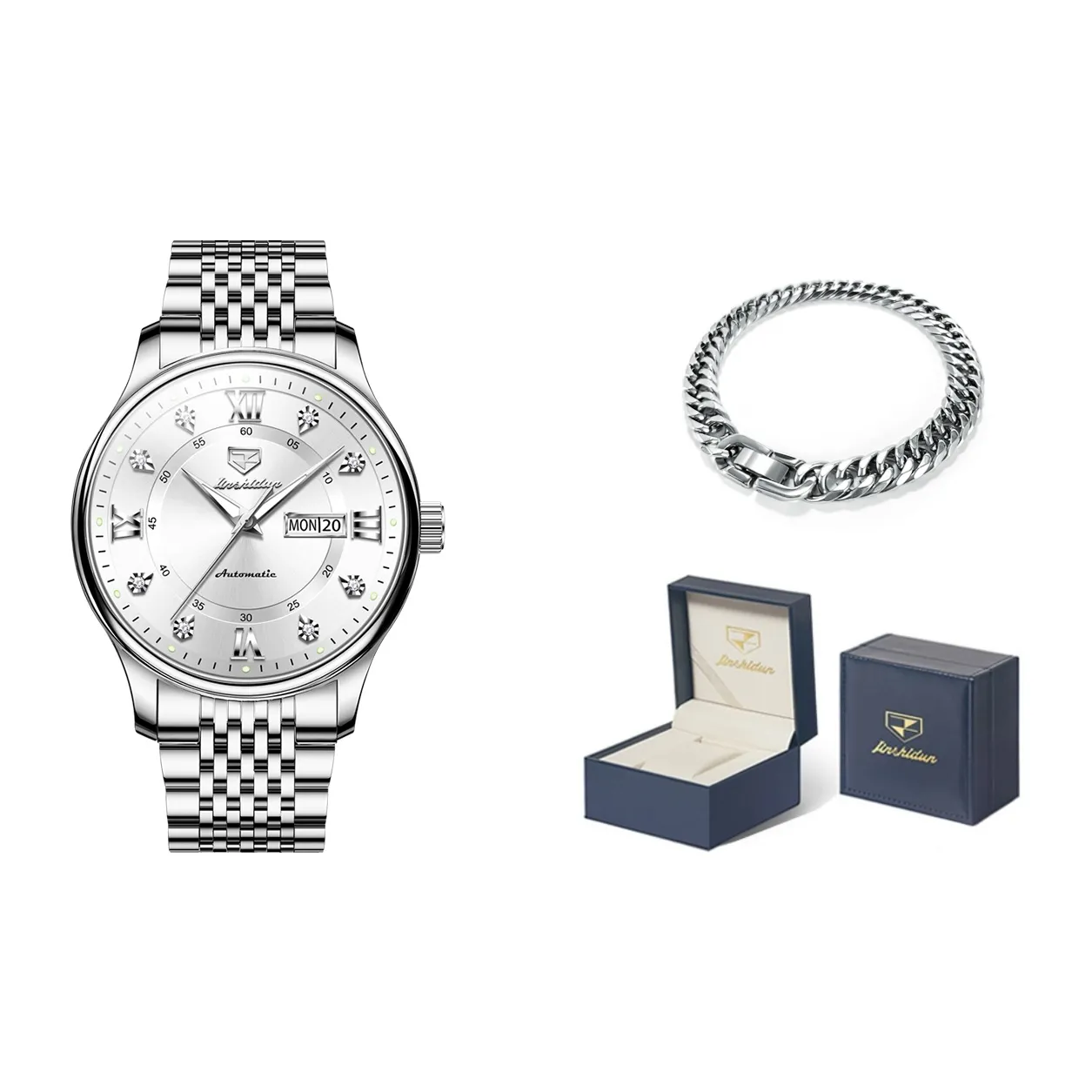 Jin Shi Dun Автоматический Механический Механизм Нержавеющая Сталь Ремешок Часы Мужские Белый Циферблат