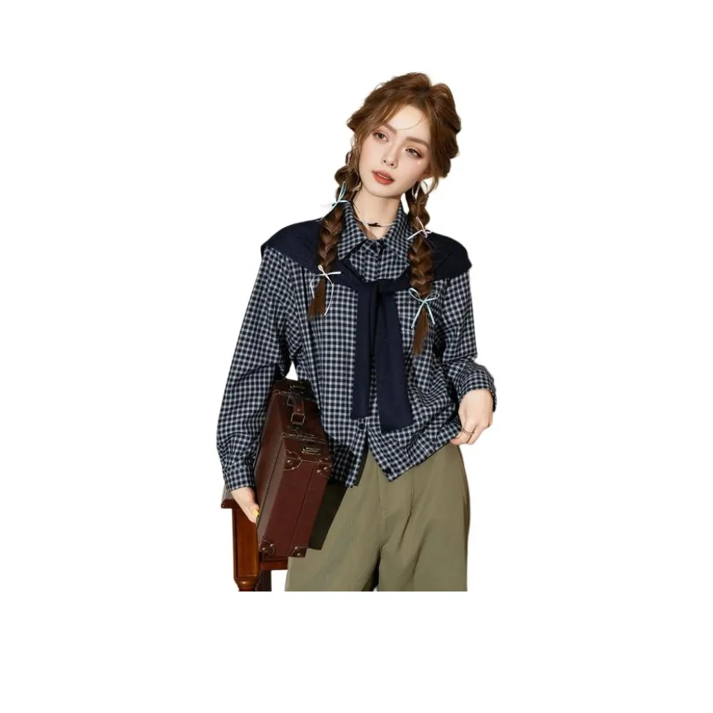 FAWENXIANGZI Синие Клетчатые Женские Рубашки