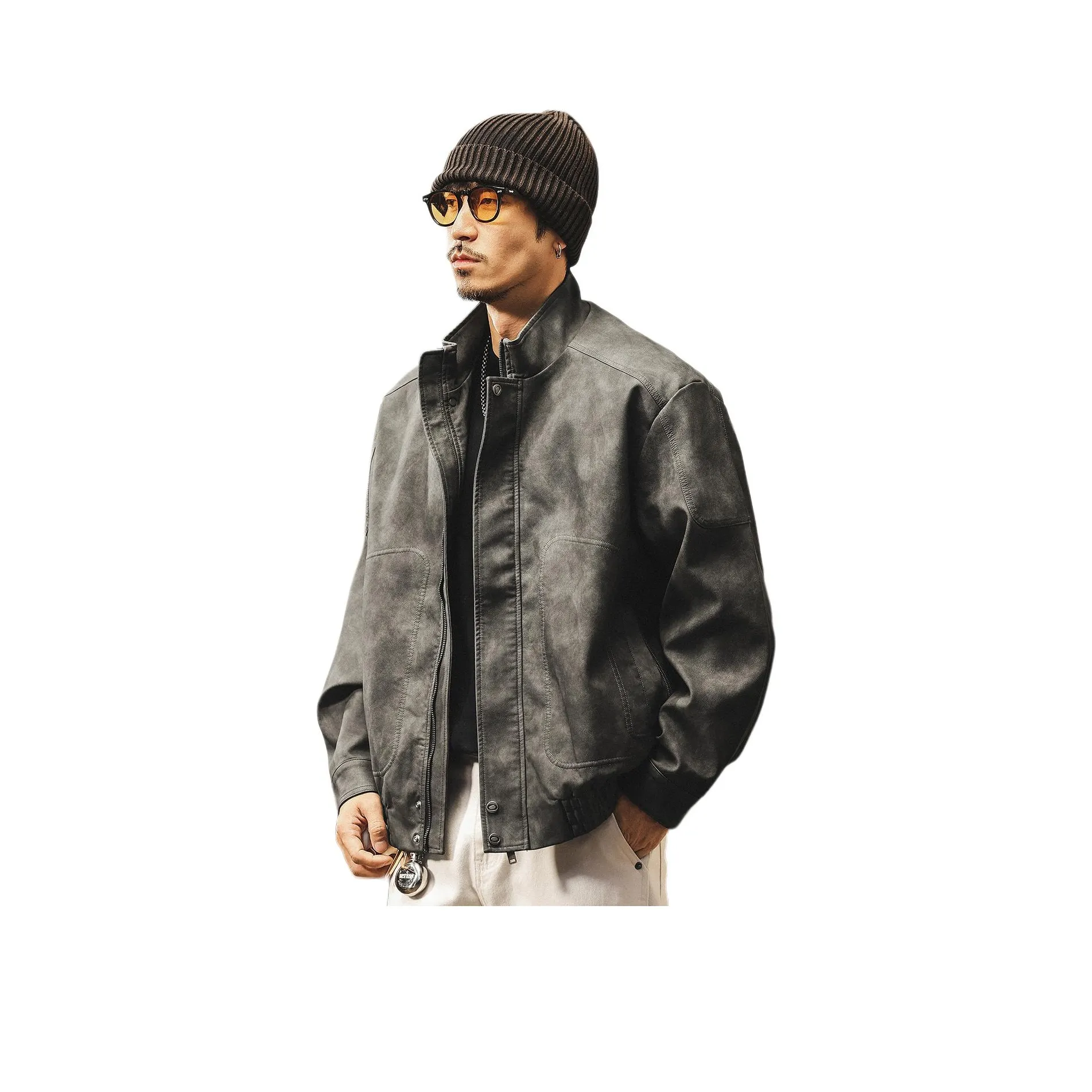 JIELEINUO Серый Мужская Кожаная Куртка