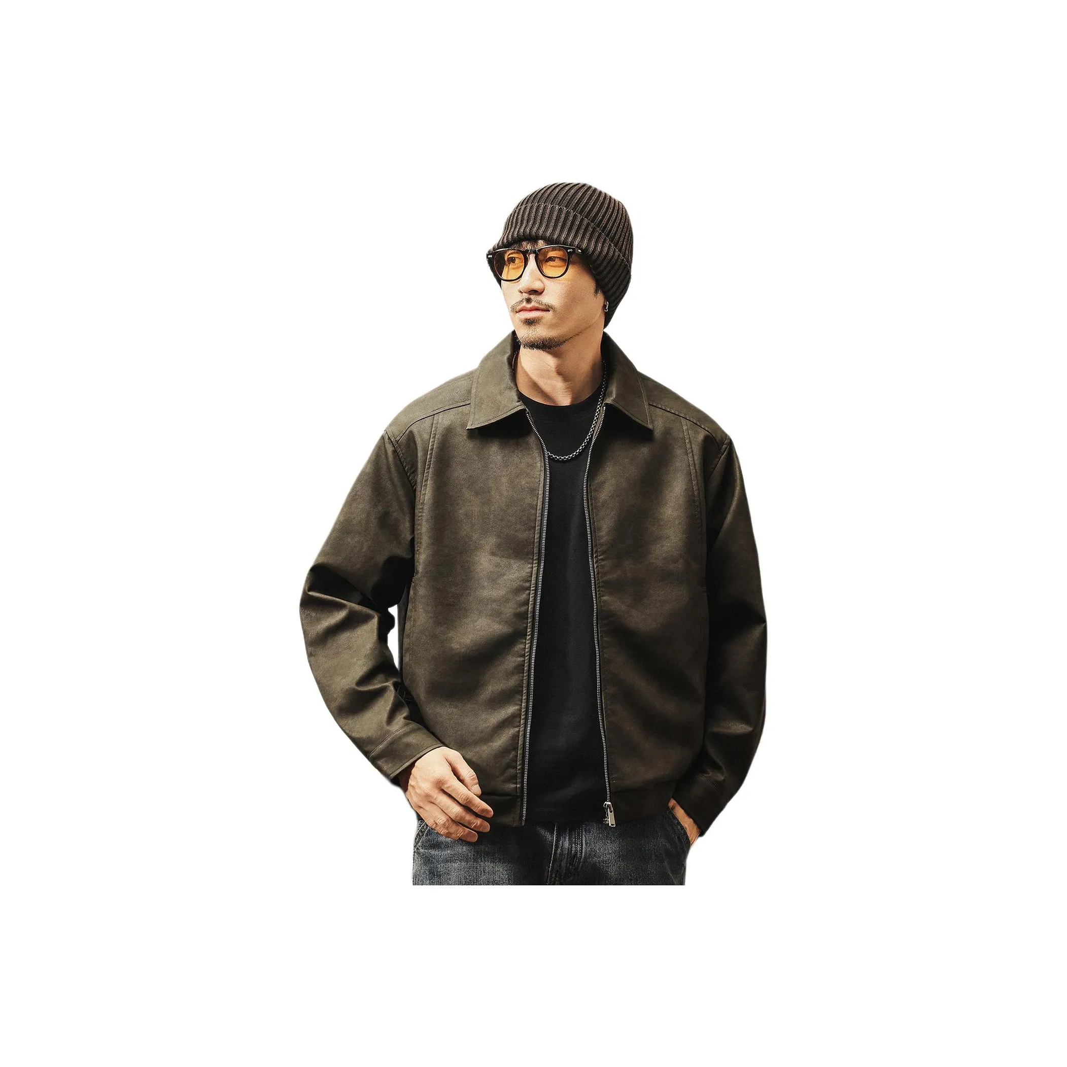 JIELEINUO Зеленый Мужская Кожаная Куртка