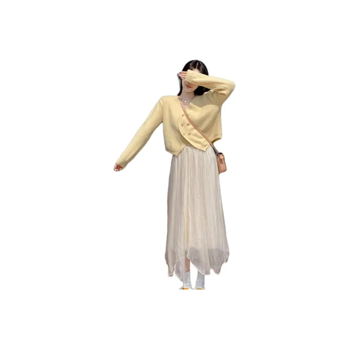 WOWI Желтый Свитер + Абрикосовая Пряжа Юбка Женские Комплекты с Юбкой