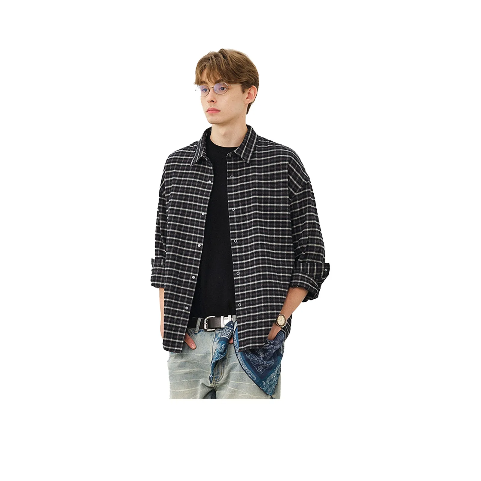 714STREET Черный Синий Клетка Унисекс Рубашки