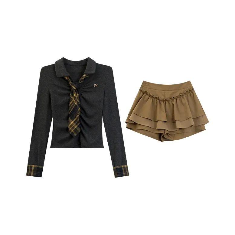 LOVEHEYNEW Серый топ и галстук и хаки юбка женские комплекты с юбкой