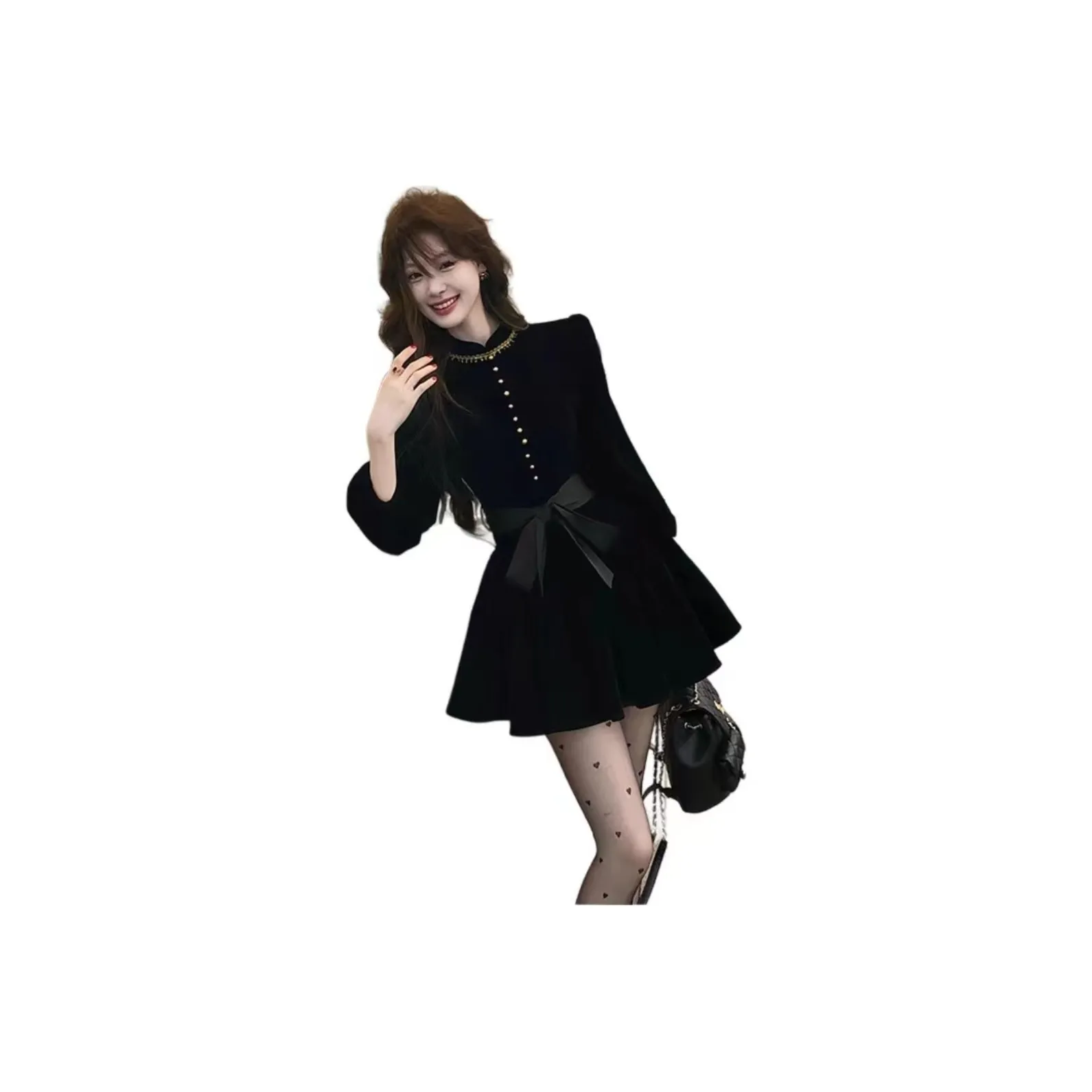 VKXOW Черное Женское Длинное Платье с Длинными Рукавами