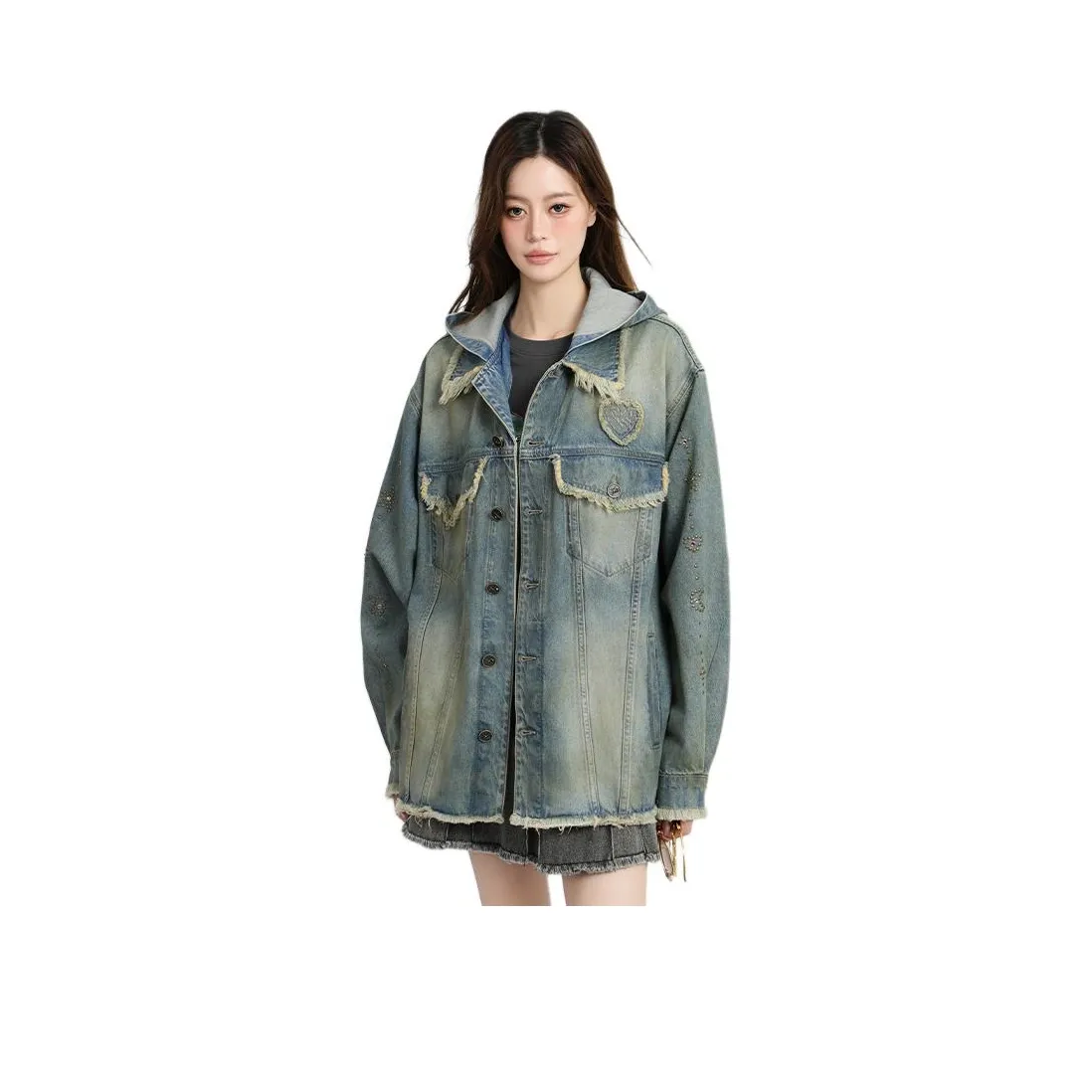 LALABOBO Medium Blue White Women's Denim Jackets ЛАЛАБОБО Средне-голубой Белый Женские Джинсовые Куртки