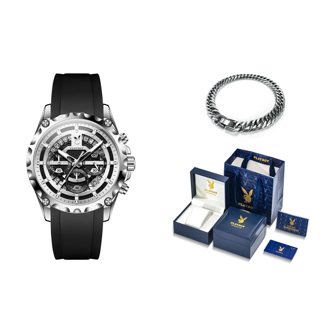 Playboy Кварцевый механизм силиконовый ремешок мужские часы черный циферблат