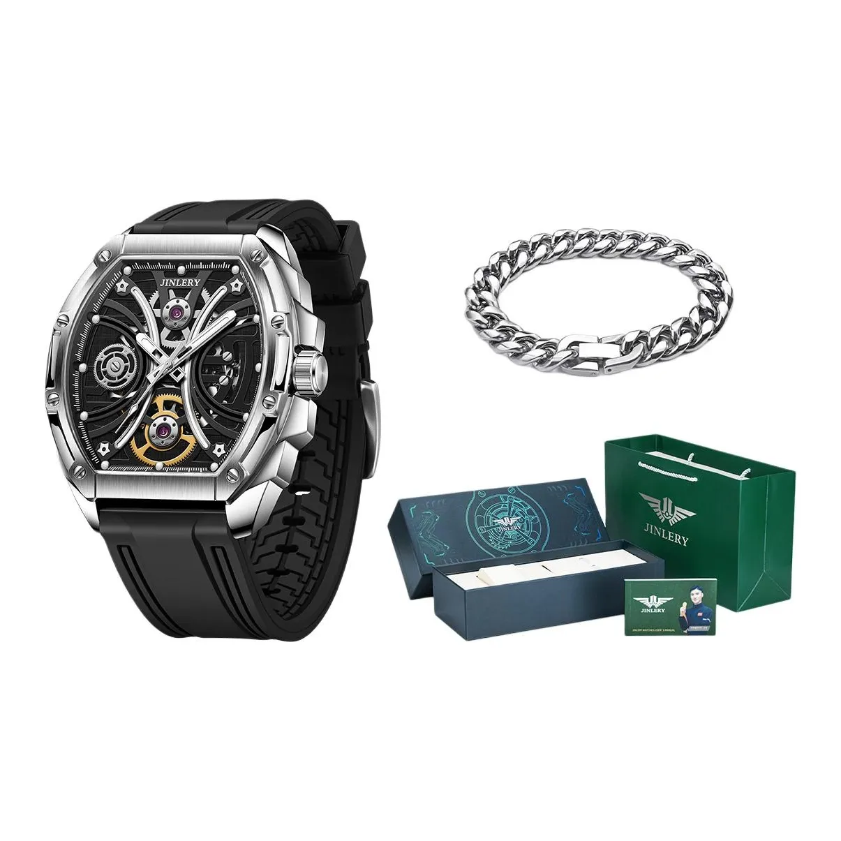 JINLERY Apocalypse Collection Автоматический Механический Механизм Резиновый Ремешок Часы Мужские Часы С Черепным Циферблатом