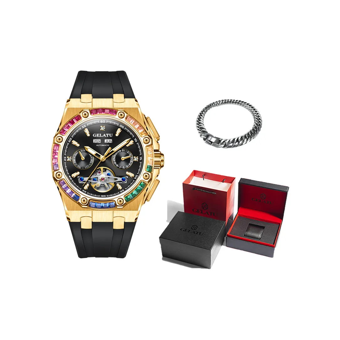 GELATU Механические часы с силиконовым ремешком черный циферблат мужские часы