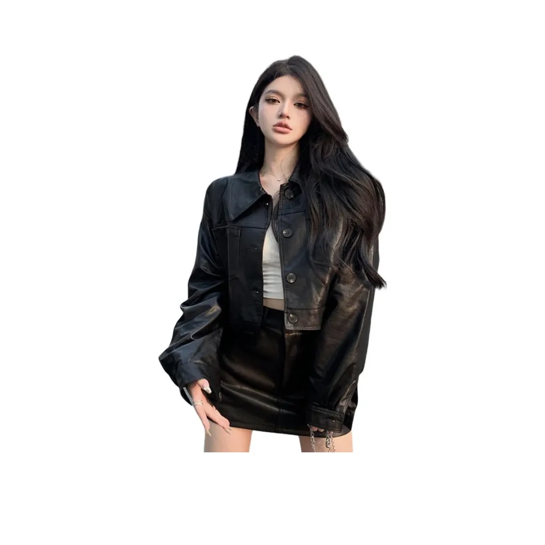 Dippanis Черная кожа Куртка+Юбка Женские Комплекты с юбкой