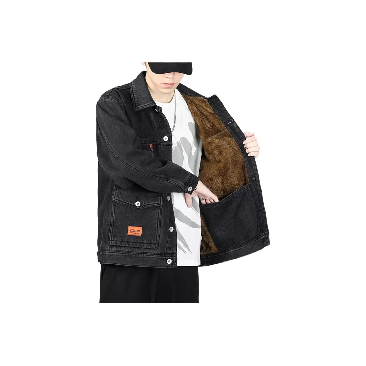 THINGYLAB Черный флис с подкладкой Мужские джинсовые куртки