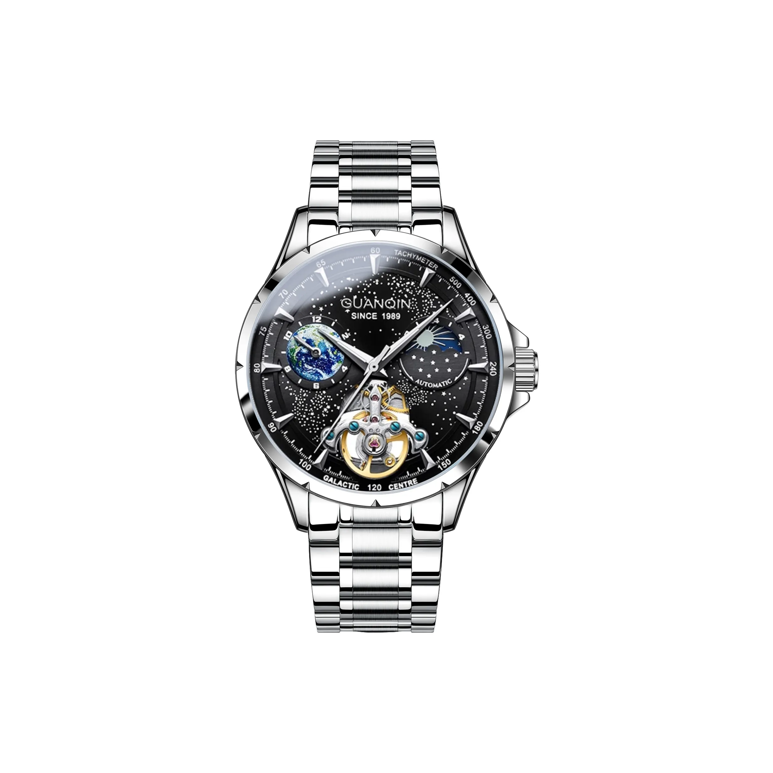 GUANQIN Автоматический Механический Механизм Нержавеющая Сталь Ремешок Часы Мужские Часы Синий Циферблат