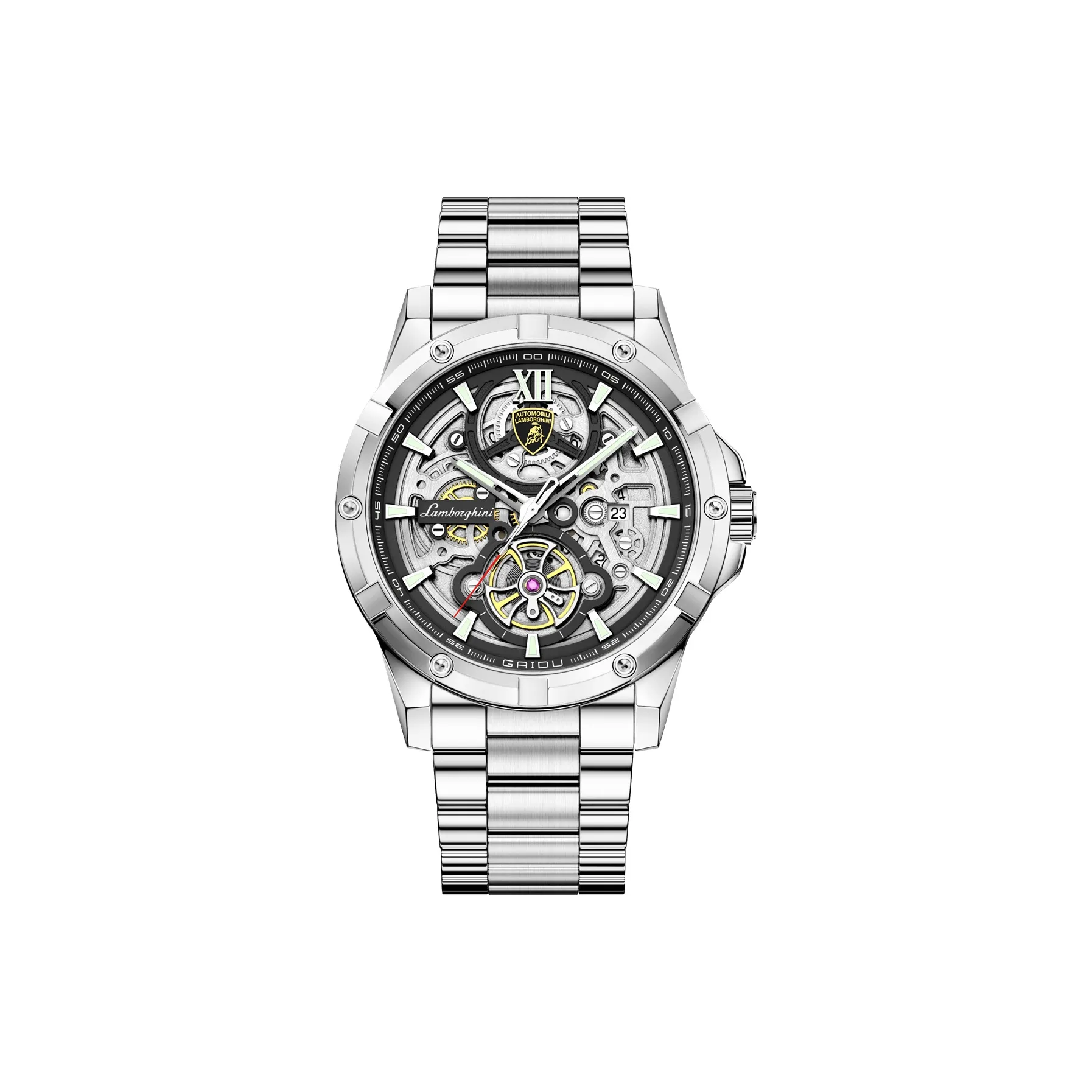 GAIDU Lamborghini Кварцевый механизм Стальной ремешок Часы Мужские Часы с открытым механизмом