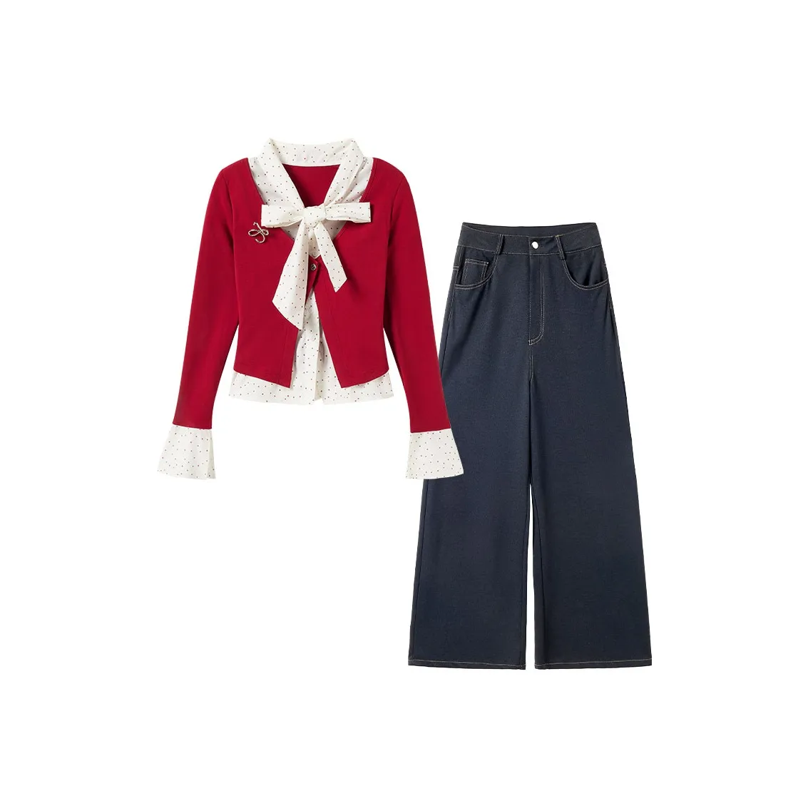 FABRIC PIG Красный топ + Темно-синие штаны + Brooch Женские повседневные костюмы