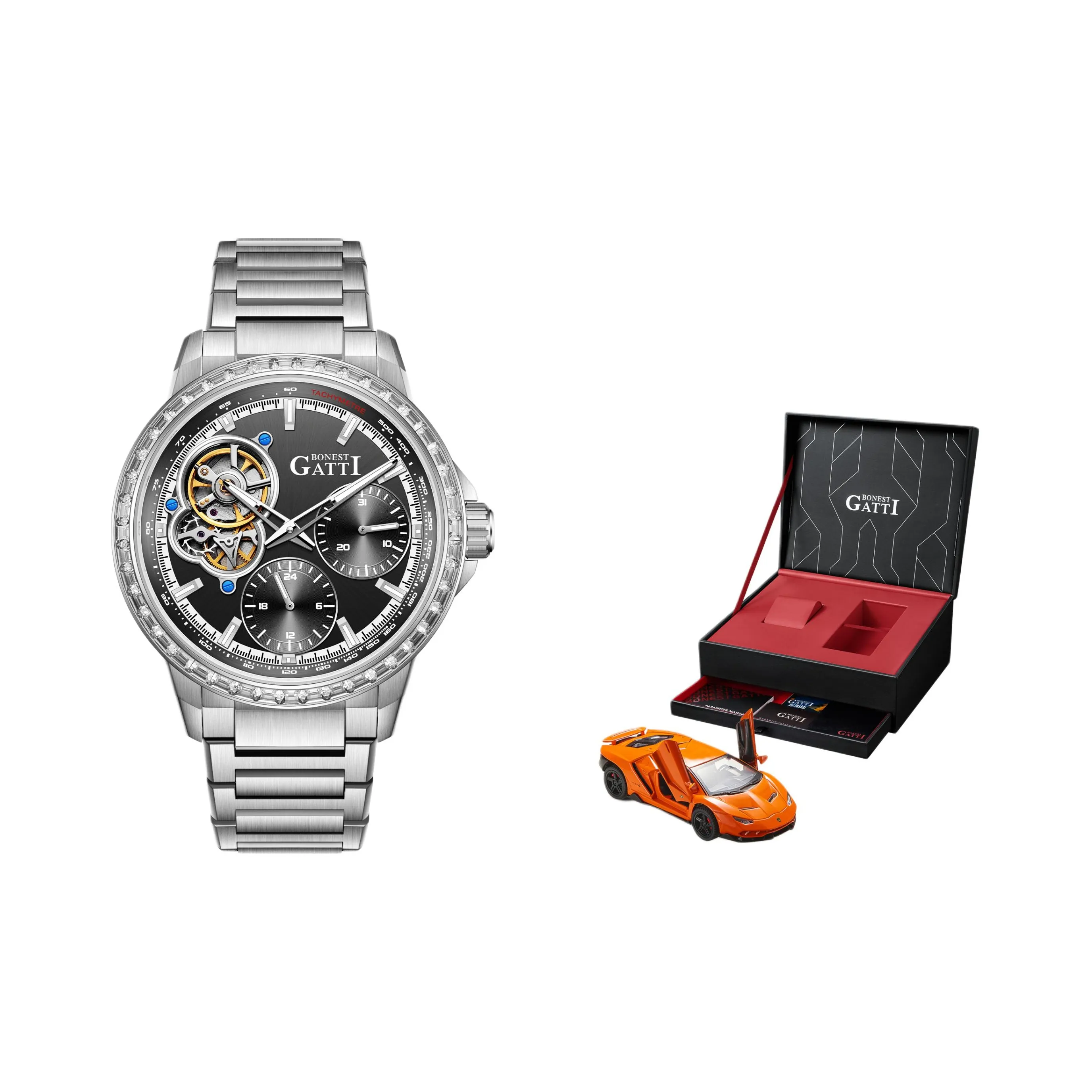 BONEST GATTI King's Speed Collection Автоматический Механический Механизм Нержавеющая Сталь Ремешок Мужские Часы Черный Циферблат