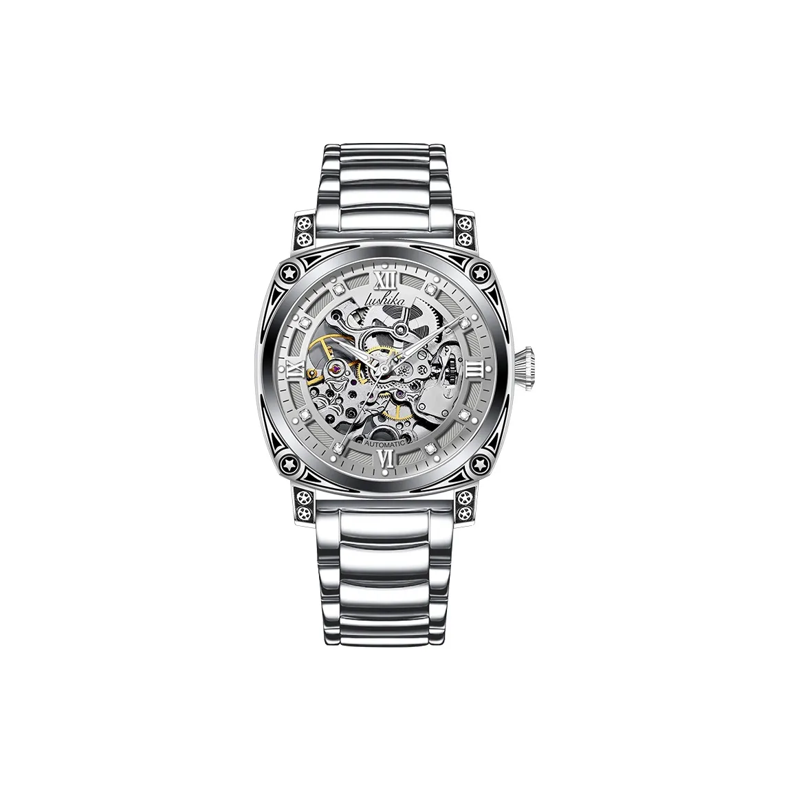 Lushika Механические Мужские Часы Стальной Ремешок Часы с Черепным Циферблатом