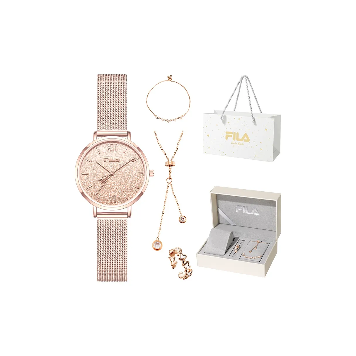 FILA Arrow of Love Baby's Breath Women's Наручные часы Кварцевый механизм Ремешок из нержавеющей стали Золотой циферблат