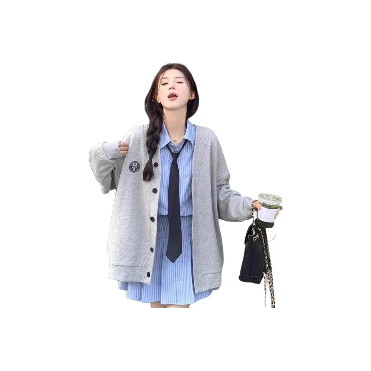 Dippanis Серый Пальто + Полосатое Платье Женские Комплекты с Юбкой