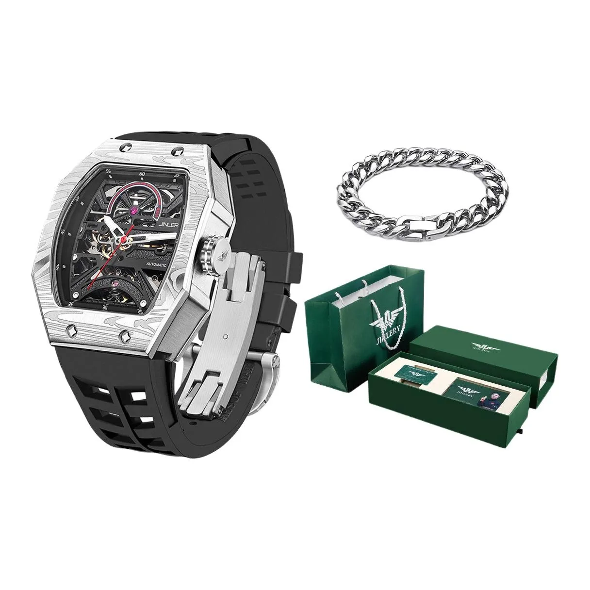 JINLERY Автоматический Механический Механизм Силиконовый Ремешок Часы Мужские Черный Циферблат
