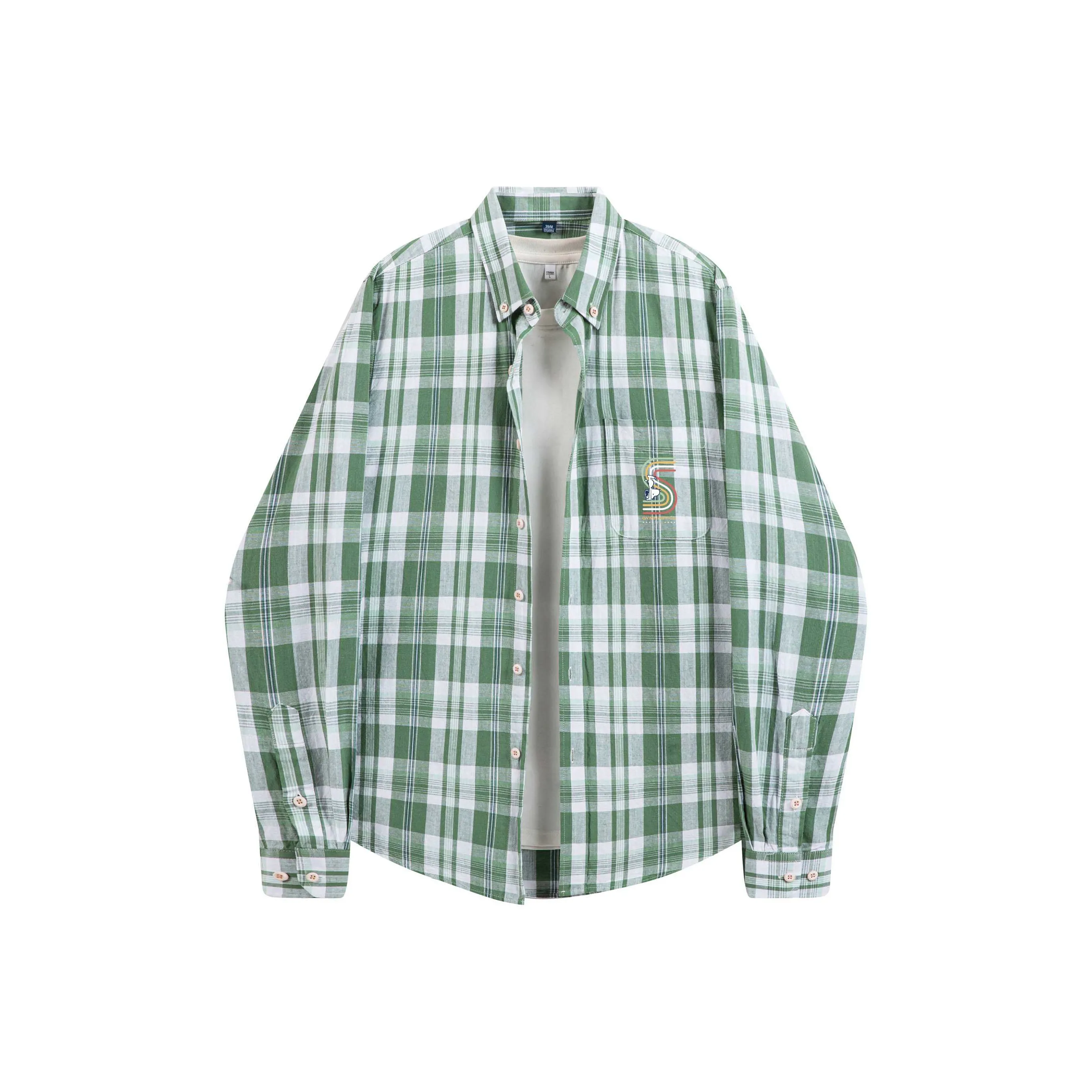 SNOOPY Мягкий Зеленый Клетчатый Унисекс Рубашки