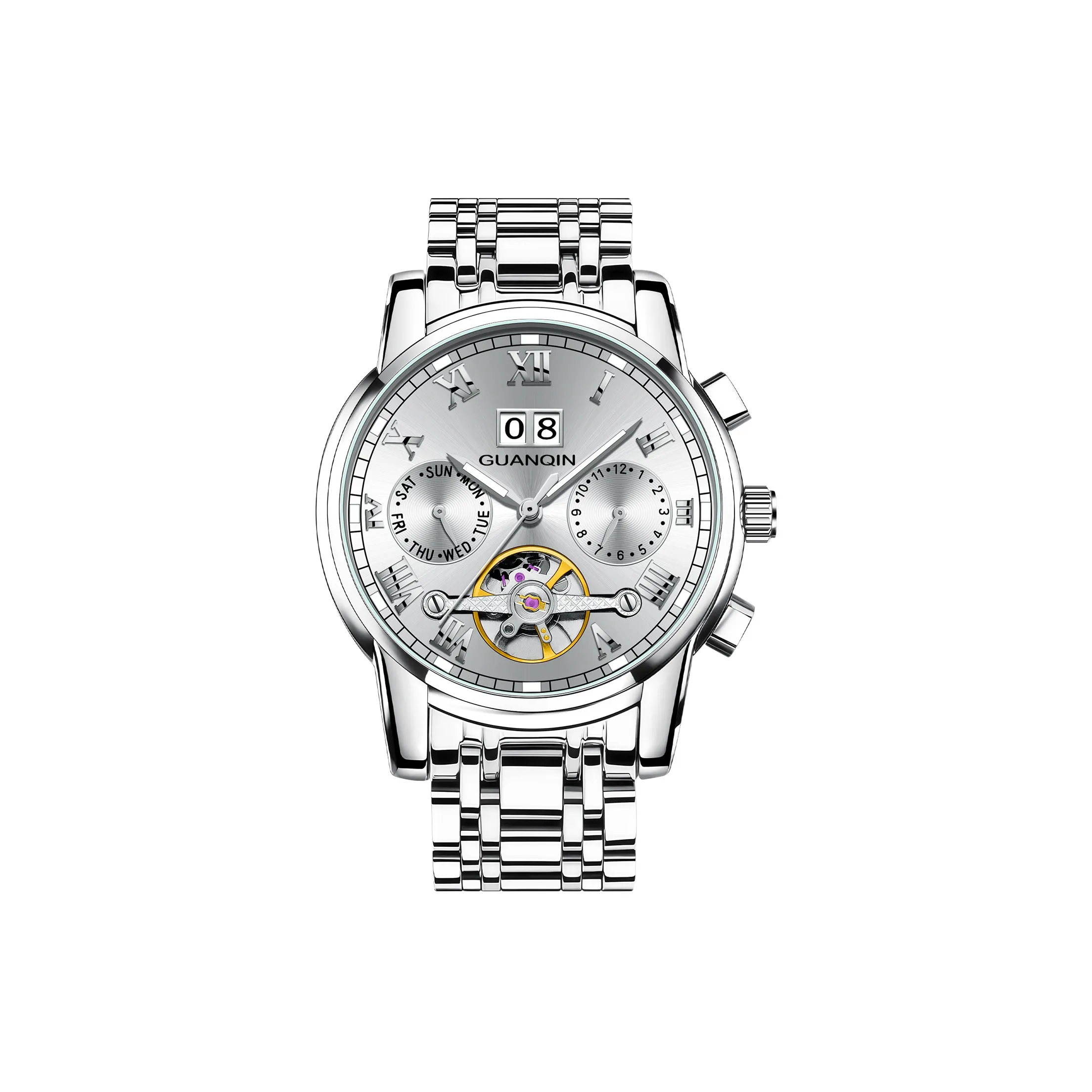 GUANQIN Автоматический Механический Механизм Нержавеющая Сталь Ремешок Часы Мужские Черный Циферблат