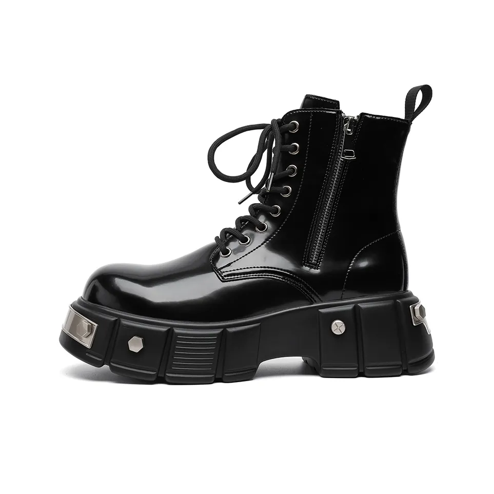 V ZERO FIVE Панк Мотоцикл Обувь Короткий MID Голень Мартин Ботинок 5CM Мужской Яркий Черный Британский Повседневная Мода