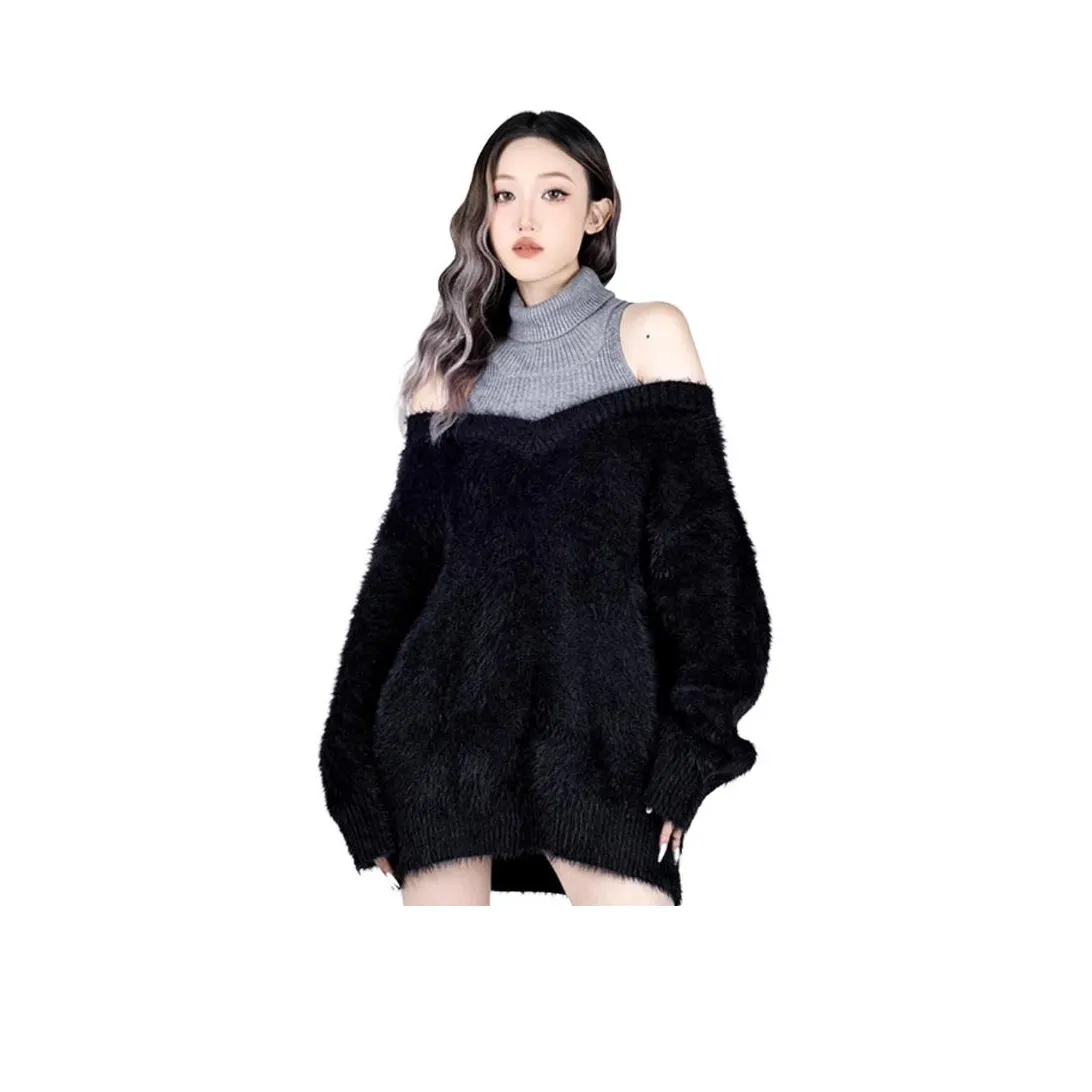 Dippanis Черный Свитер + Светло-Серый Юбка Без ремня Женские Комплекты с Юбкой