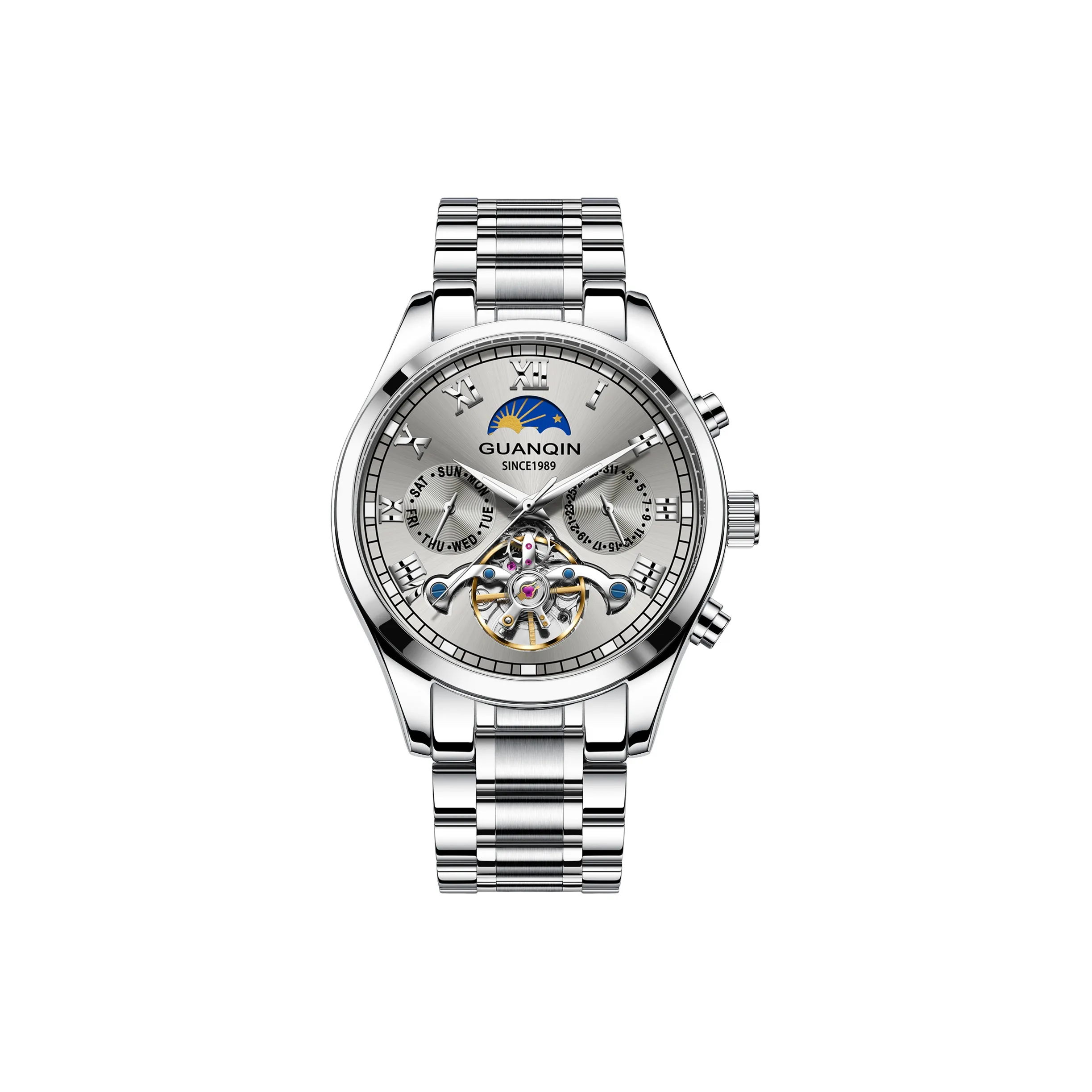 GUANQIN GJ16149 Автоматический Механический Механизм Нержавеющая Сталь Ремешок Часы Мужские Белый Циферблат