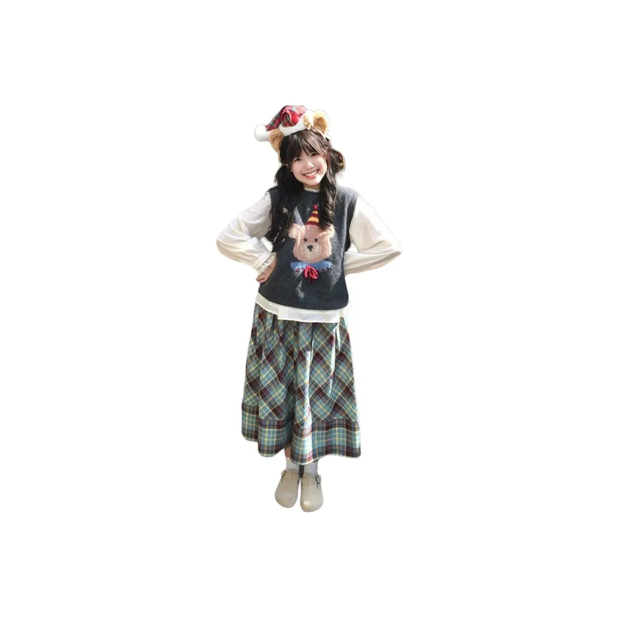 Dippanis Серый Жилет + Абрикосовая Рубашка + Клетчатая Юбка Женские Юбочные Комплекты