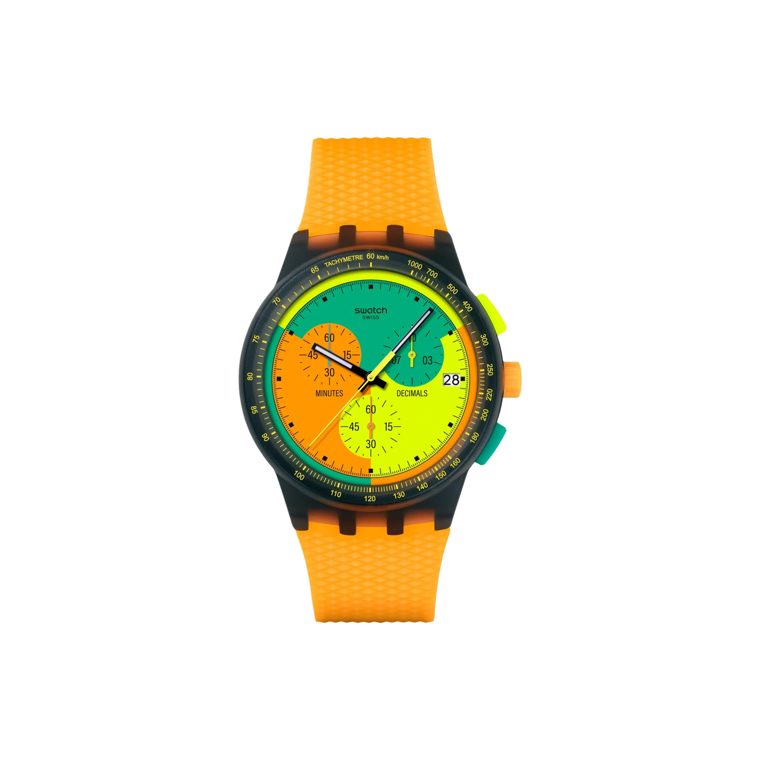 SWATCH Neon Light Series Кварцевый механизм Мужские часы Часы 42 мм Апельсиновый циферблат Часы Полимерные корпуса Часы Силиконовый ремешок
