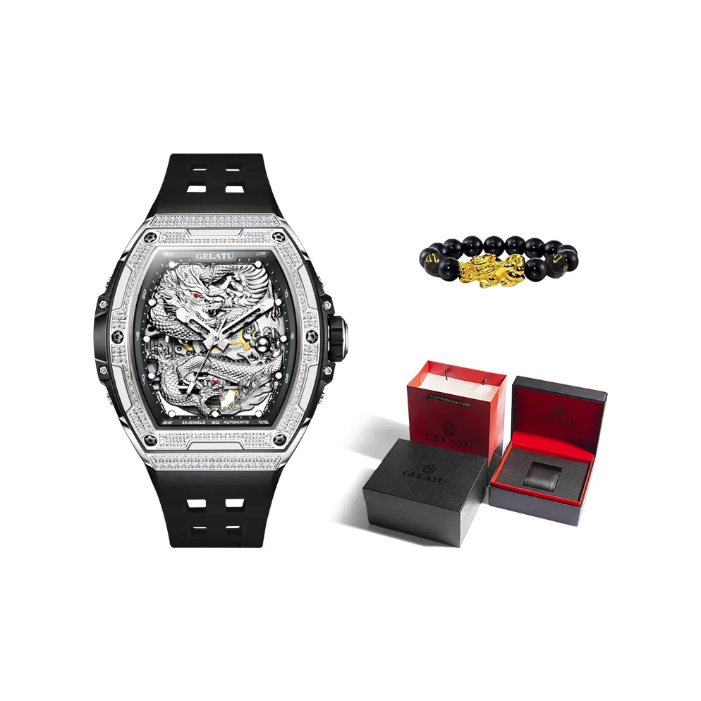 GELATU Механические Мужские Часы Силиконовый Ремешок Серебристый Циферблат