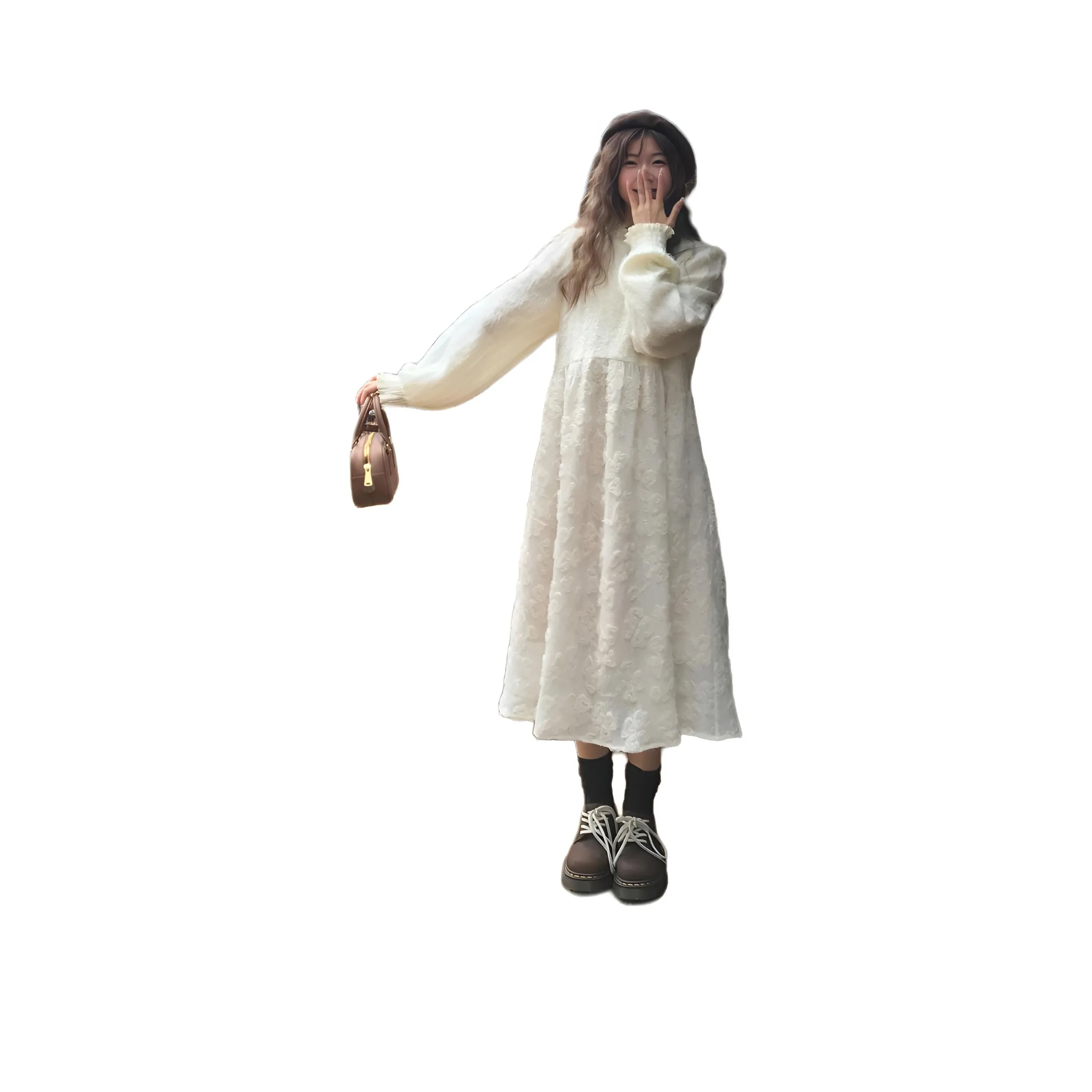 HUOLIDEDITU Белый Женские Длинные Платья с Длинными Рукавами